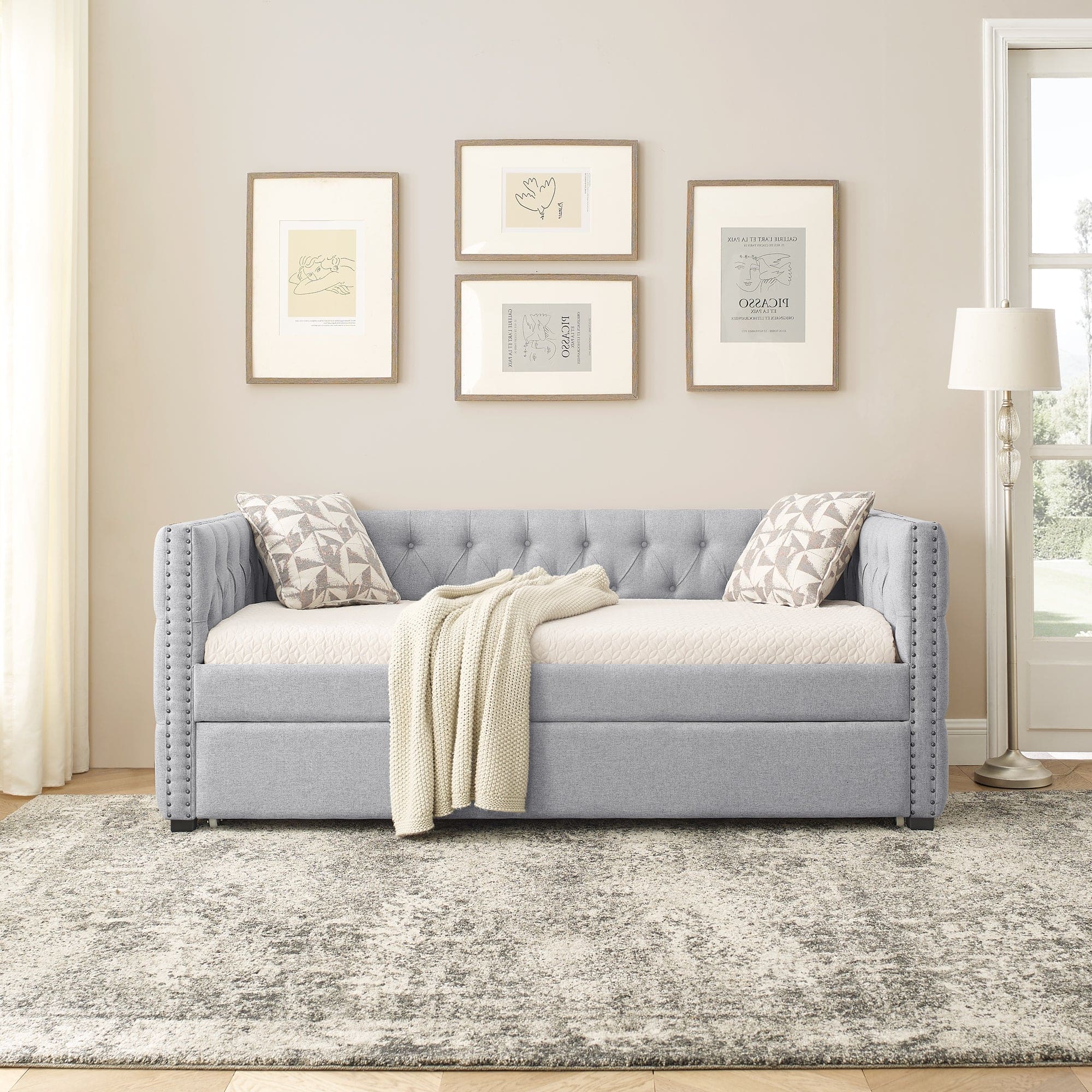 Daybed with Trundle Upholstered Tufted Sofa Bed, with Button and Copper Nail on Square Arms,both Twin Size,Grey(85"x42.5"x31.5")(Old SKU W487S00045)