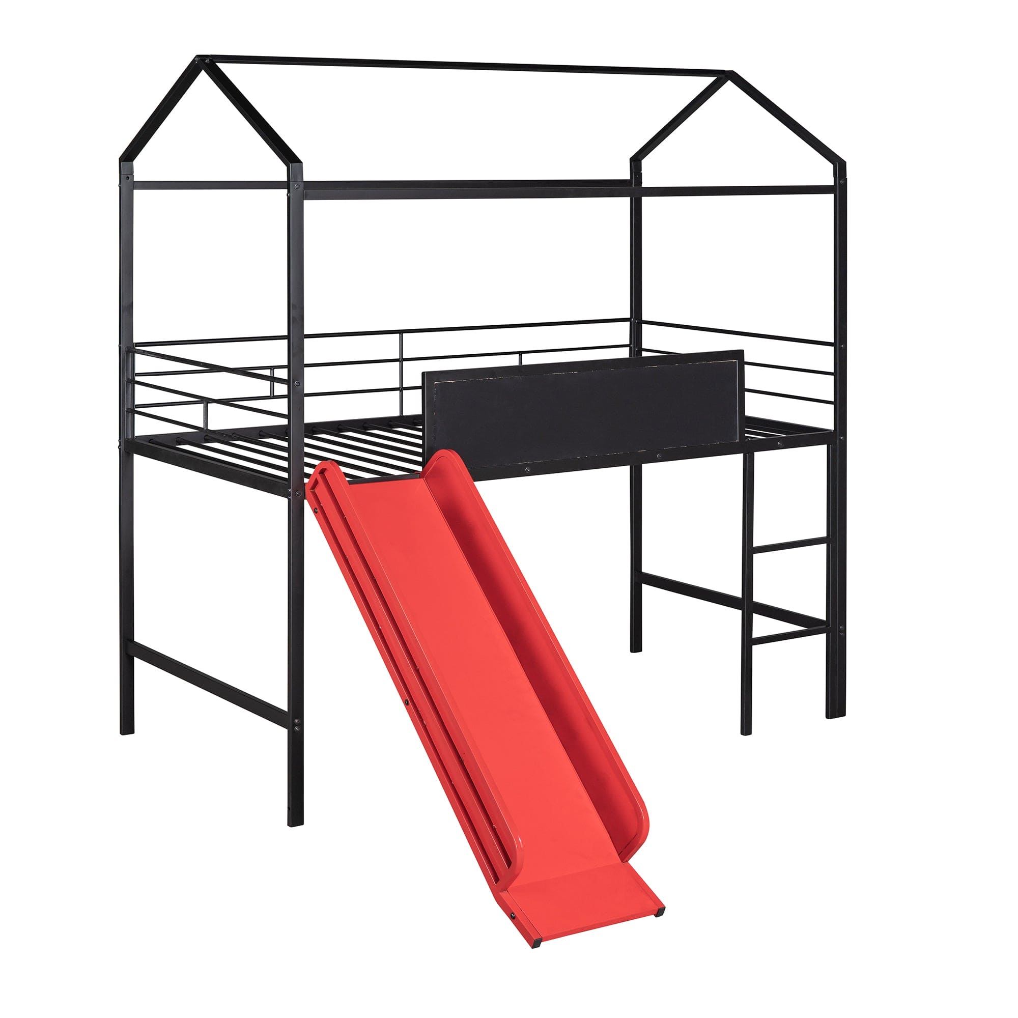 Metal House Bed With Slide, Twin Size Metal Loft Bed with Two-sided writable Wooden Board (Black and Red)