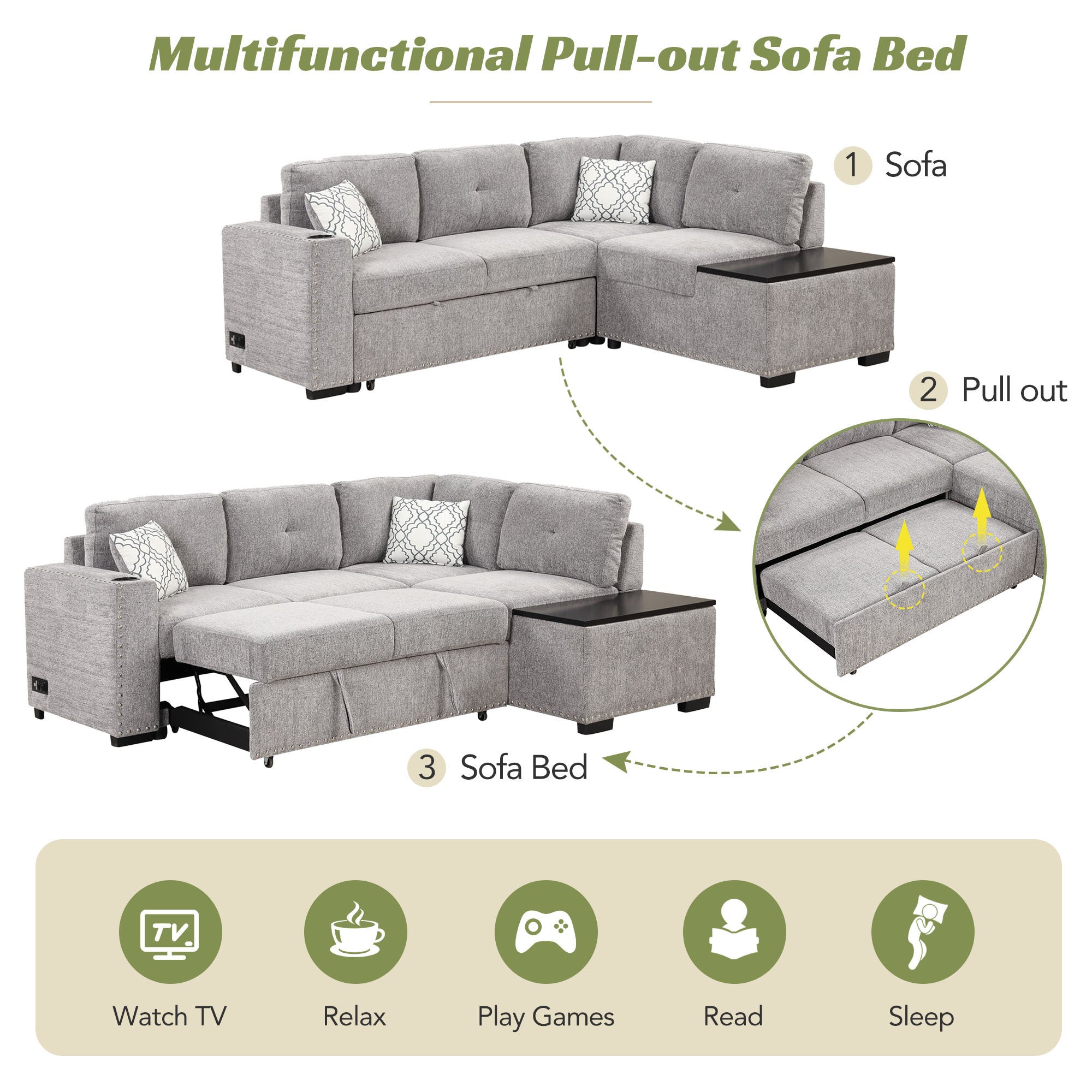 Sofa Bed L-Shaped Corner Sofa, Light Gray