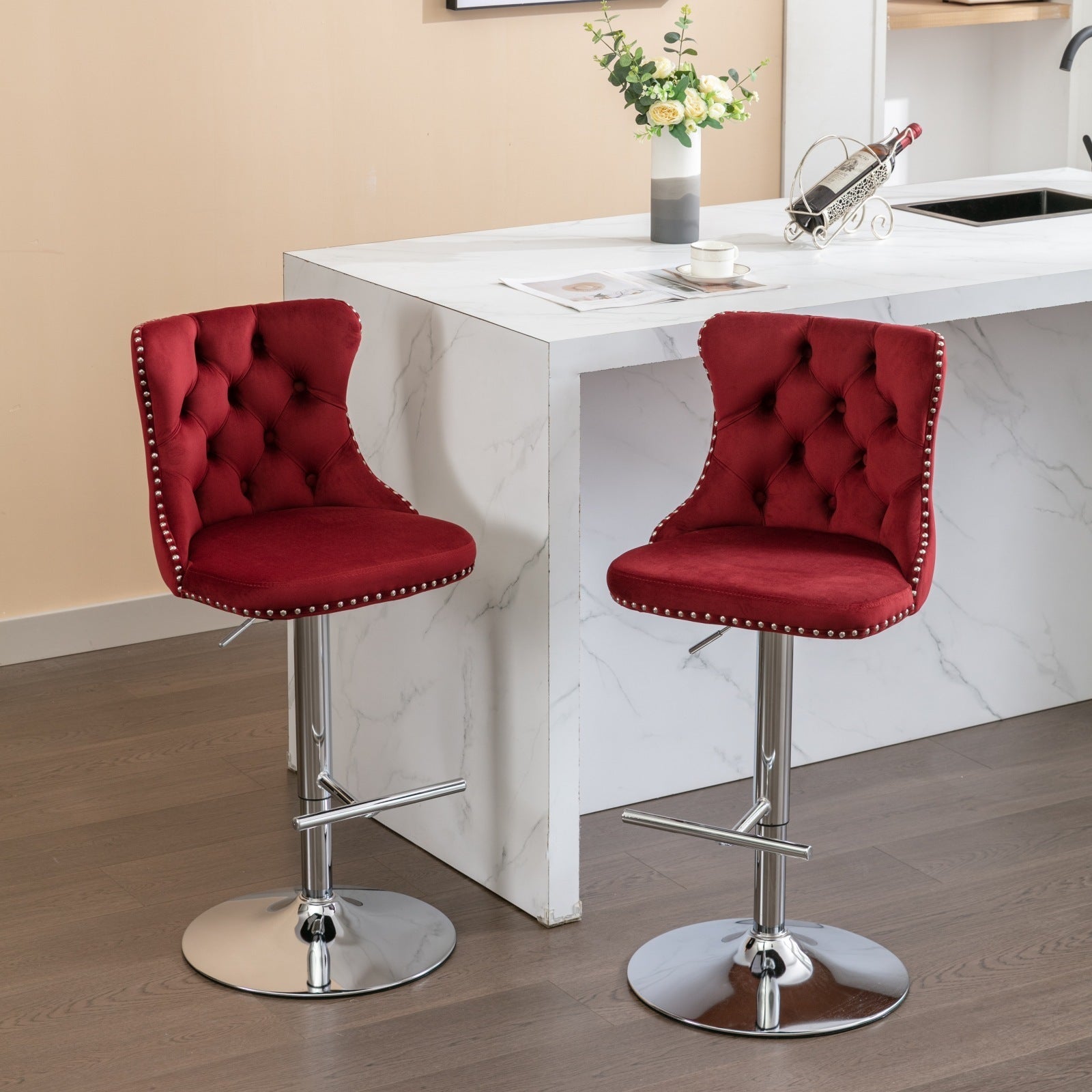 Swivel Velvet Barstools Adjusatble Seat Height from 25-33 Inch, Chrome base Bar Stools with Backs Comfortable Tufted for Home Pub and Kitchen Island, Wine Red,Burgundy,Set of 2,1712WR