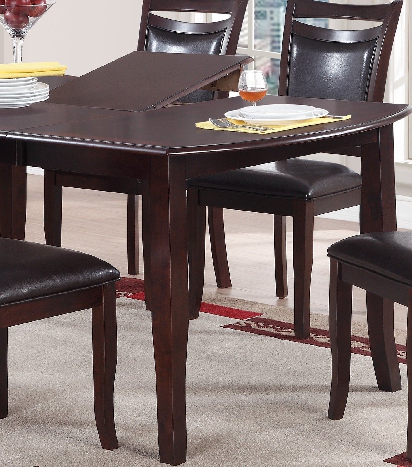 Dining Room Furniture Dark Brown Dining Table w Butterfly Leaf 6x Side Chairs Wooden Top 7pc Set Rectangular Table Contemporary