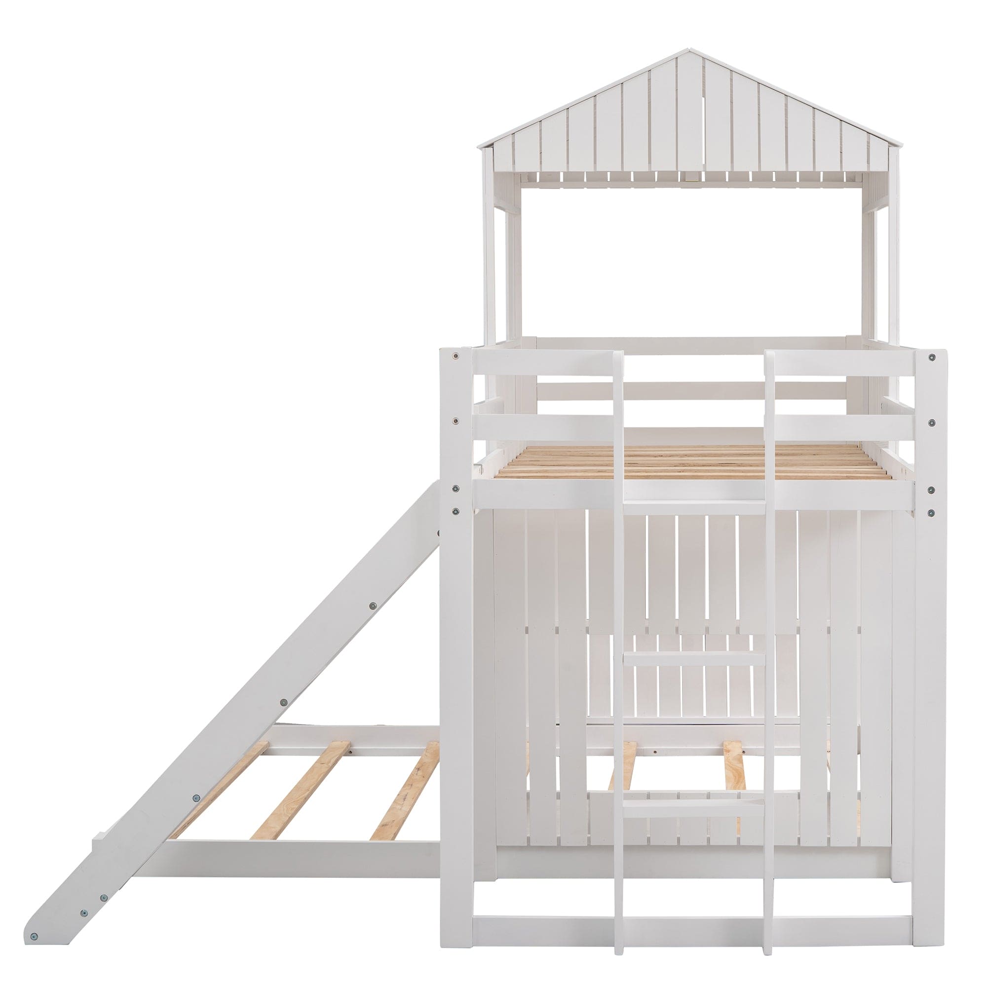 Wooden Twin Over Full Bunk Bed, Loft Bed with Playhouse, Farmhouse, Ladder, Slide and Guardrails, White(OLD SKU :LT000028AAK)