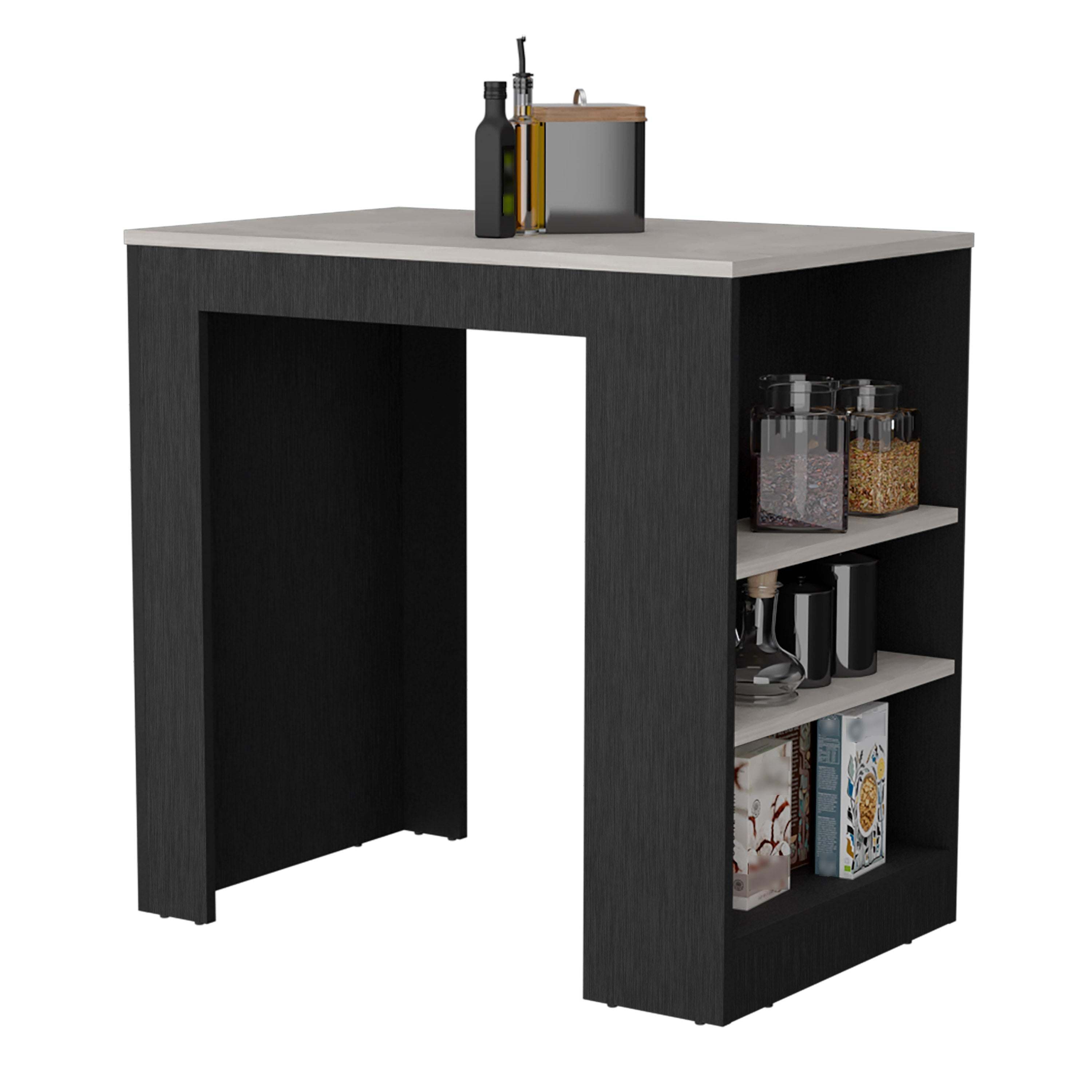 DEPOT E-SHOP Lacour Kitchen Island, Kitchen Bar Table with 3-Side Shelves, Black / Ibiza Marble