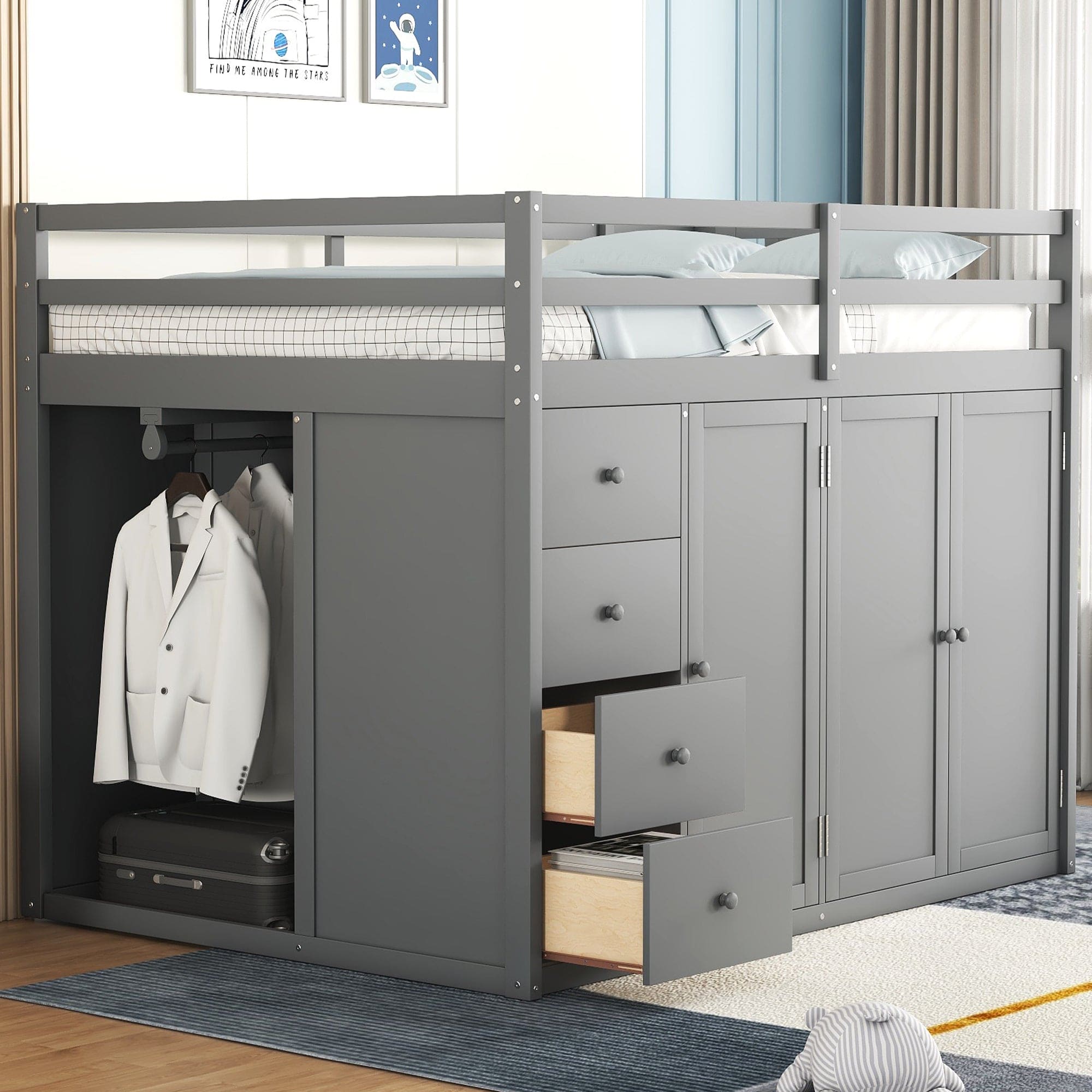 Full Size Wood Loft Bed With Built-in Wardrobes, Cabinets and Drawers, Gray