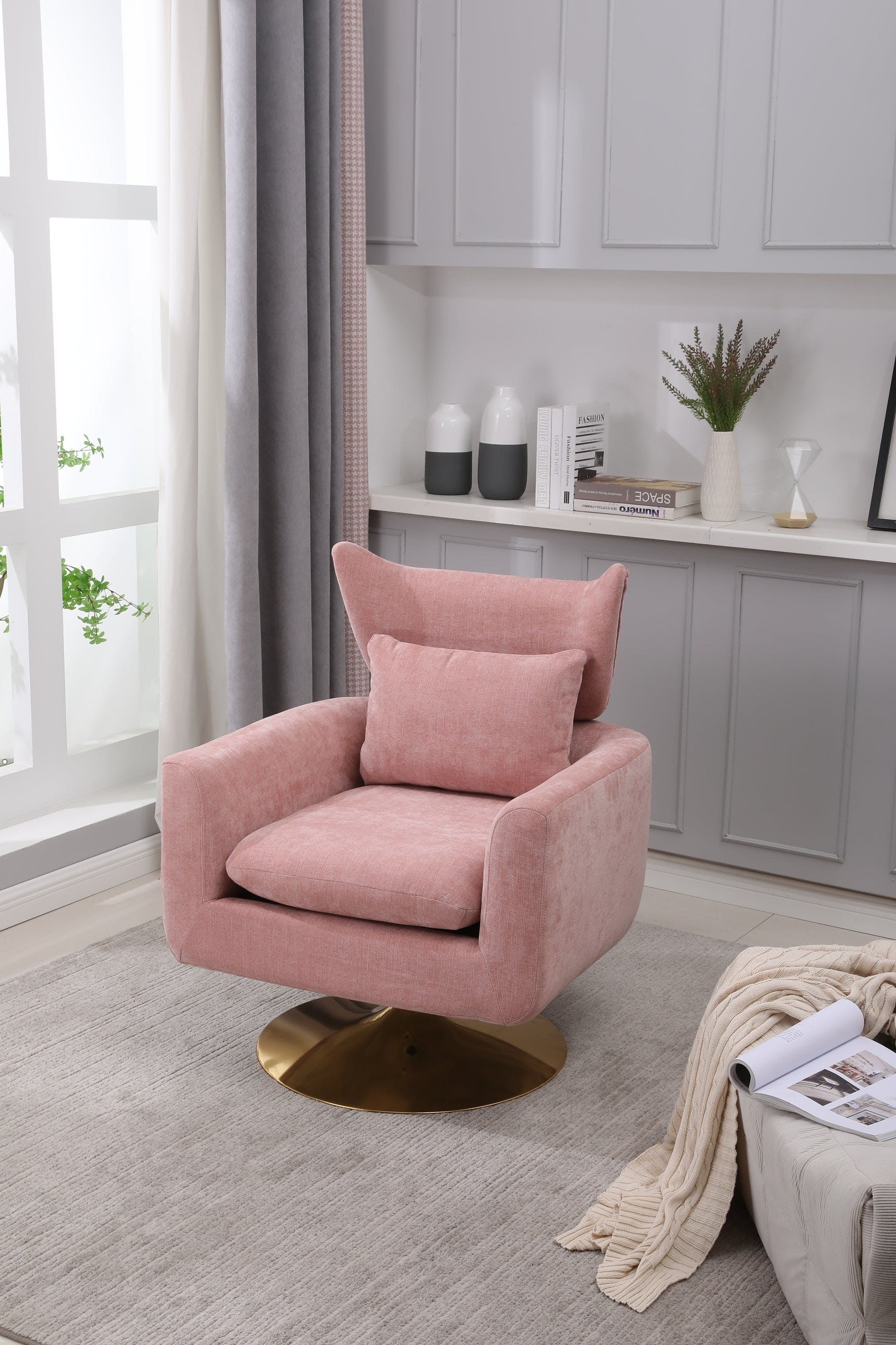 Classic Mid-Century 360-degree Swivel  Accent Chair, Pink Linen