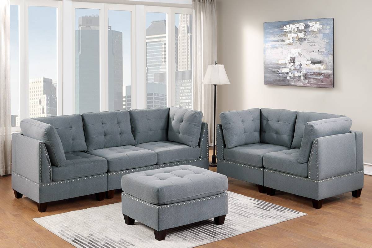 Modular Sofa Set 6pc Set Living Room Furniture Sofa Loveseat Tufted Couch Nail heads Gray Linen Like Fabric 4x Corner Wedge 1x Armless Chair and 1x Ottoman