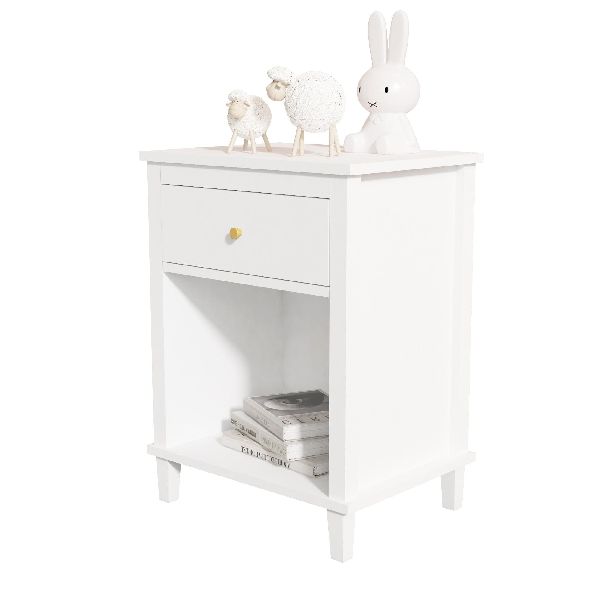 Wooden Nightstand with One Drawer One Shelf for Kids, Adults, White