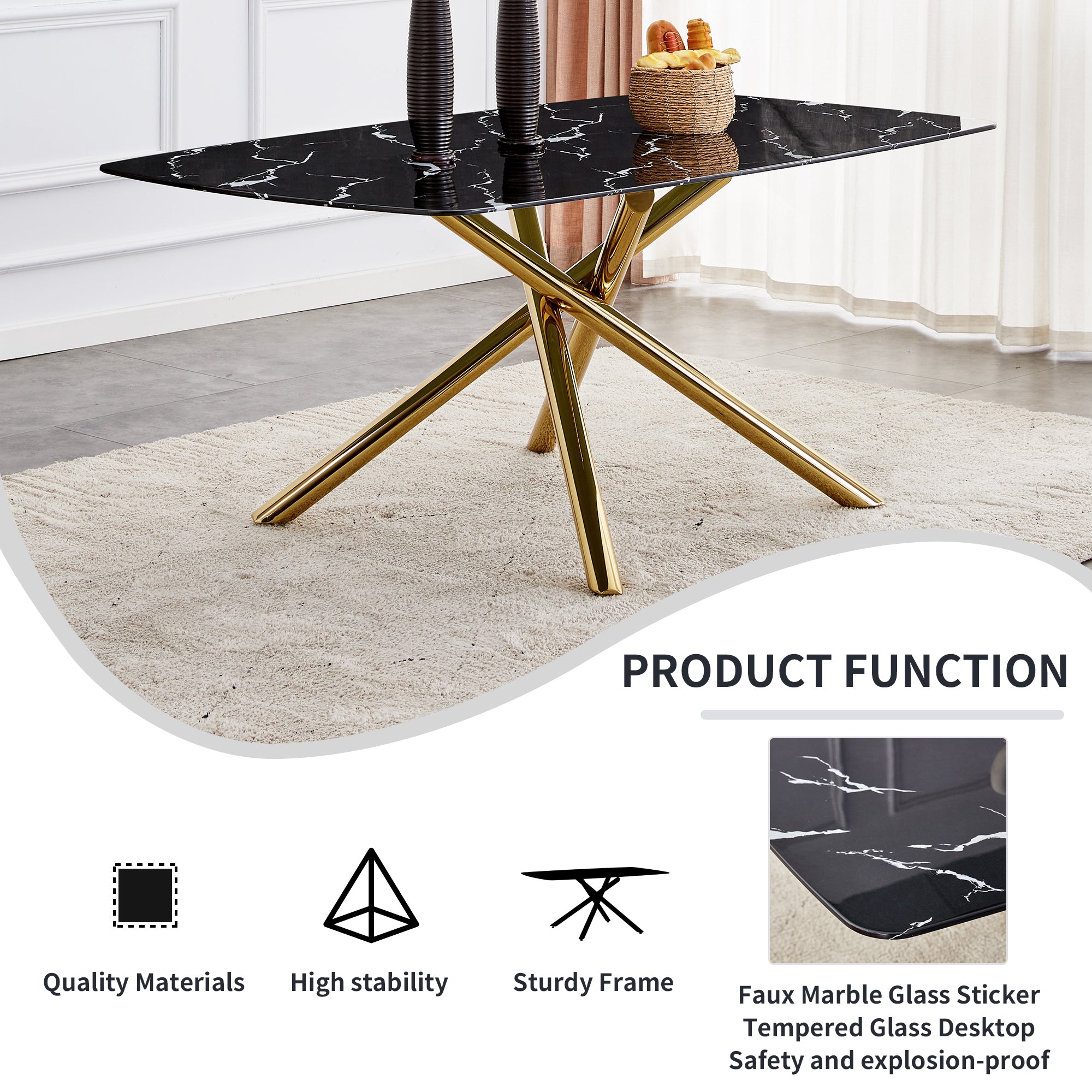 Large modern minimalist rectangular dining table with 0.39 "imitation marble black tabletop and golden metal legs, for Kitchen Dining Living Meeting Room Banquet hall 1537