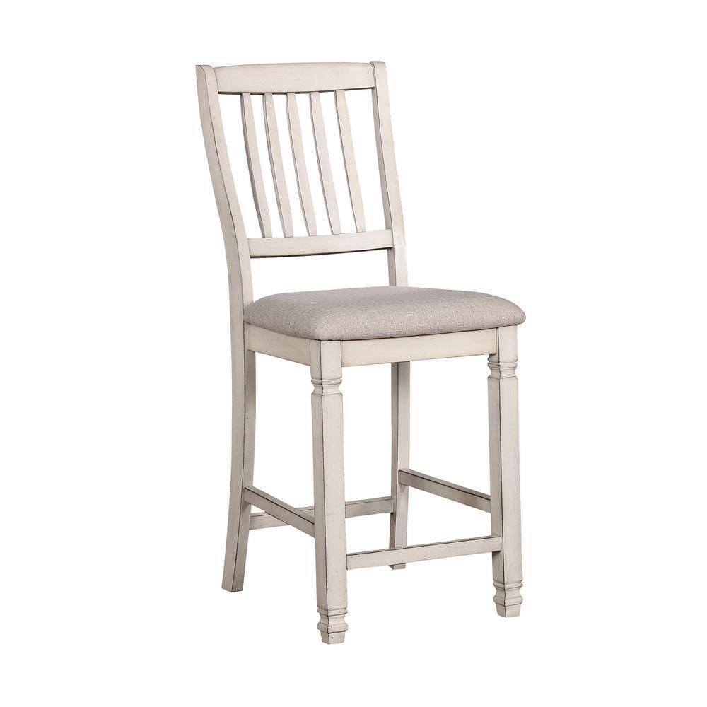 Dining Room Furniture Set of 2pcs Counter Height Chairs Antique White Solid wood Slats Back Light Gray Padded Fabric Seat Cushions