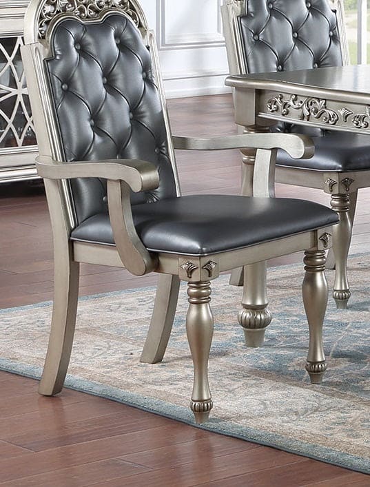 Traditional Silver / Grey Finish 9pc Dining Set Table w 2x Arm Chairs 6x Side Chairs Rubber wood Intricate Design Tufted back Cushion Seat Dining Room Furniture