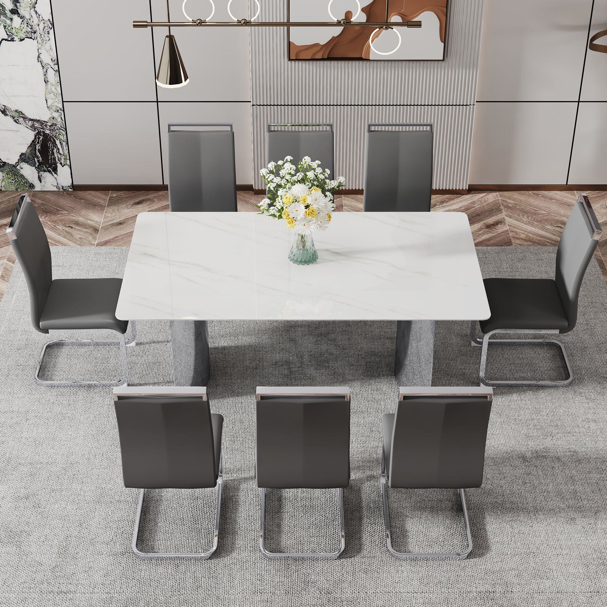 Modern minimalist dining table. The white imitation marble glass desktop is equipped with silver metal legs. Suitable for restaurants and living rooms  71" *39.3" *29.5"  DT-69