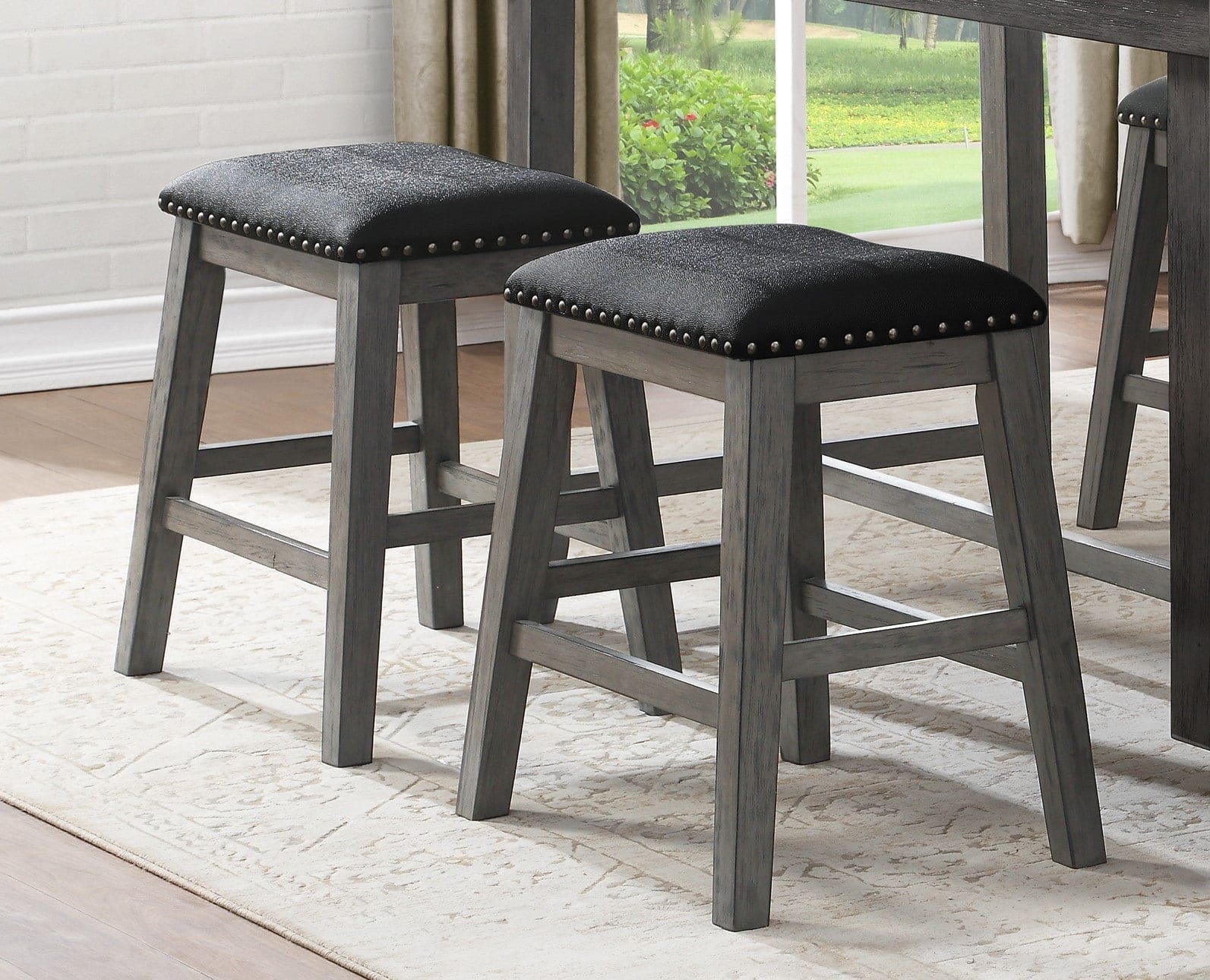 Gray Finish Set of 2 Counter Height Barstool Black Faux Leather Seat Nailhead Trim Casual Dining Furniture