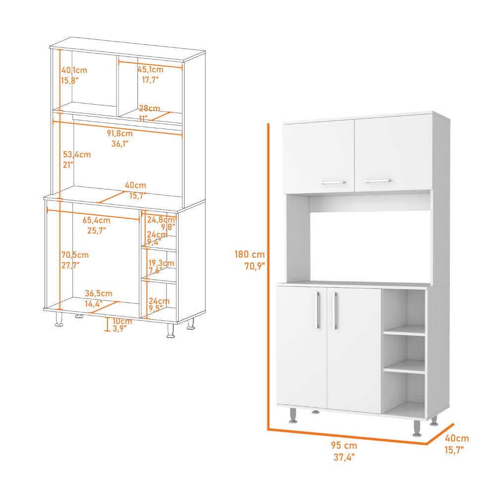 Ralston 7-Shelf 4-Door 2-piece Kitchen Set, Kitchen Island and Pantry Cabinet White and Walnut