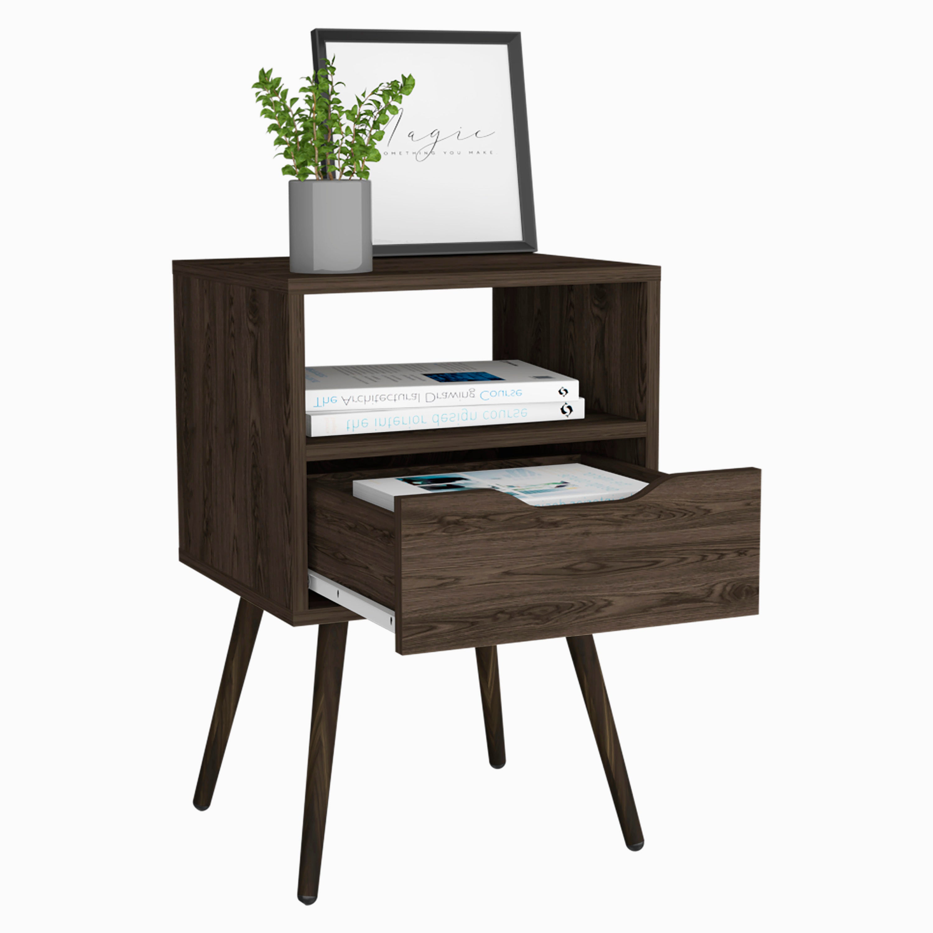 Nightstand  Fugaz, Open Shelf, Single Drawer, Dark Walnut Finish