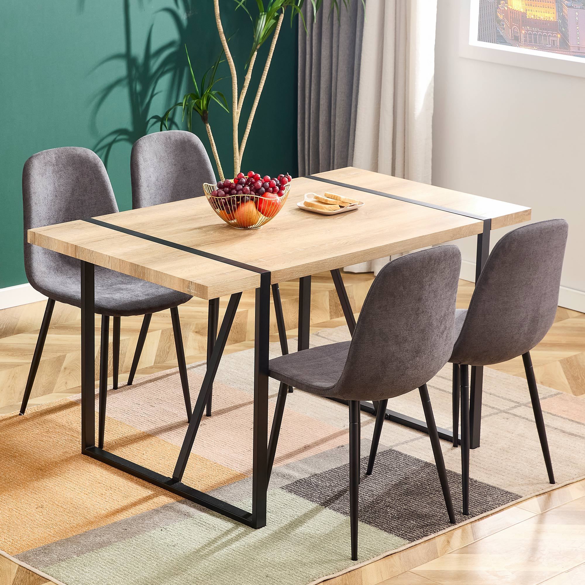 A set of 6 modern medieval style restaurant cushioned side chairs with soft linen fabric cushions and black metal legs, suitable for kitchen, lounge, and farmhouses.B0501A