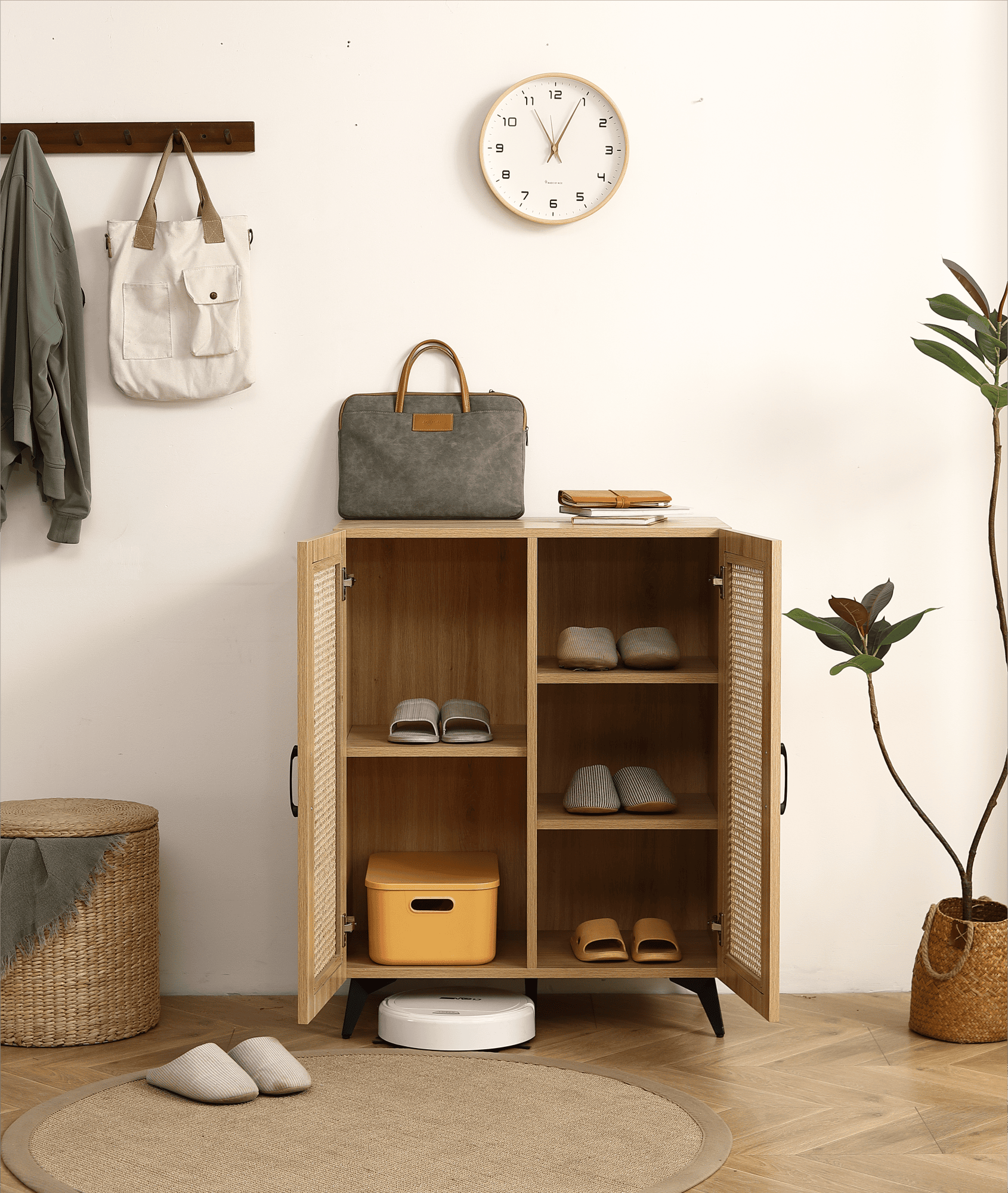 Natural Rattan Storage Cabinet Double-Door Shoe Cabinet with Large Storage Space and Durable Structure 29.5inch