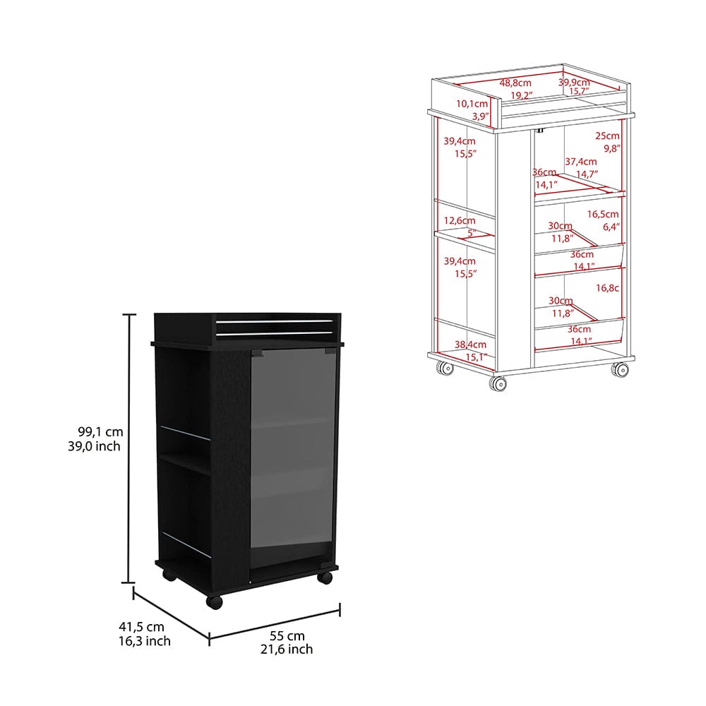 Bar Cart with Two-Side Shelves Beaver, Glass Door and Upper Surface, Black Wengue Finish