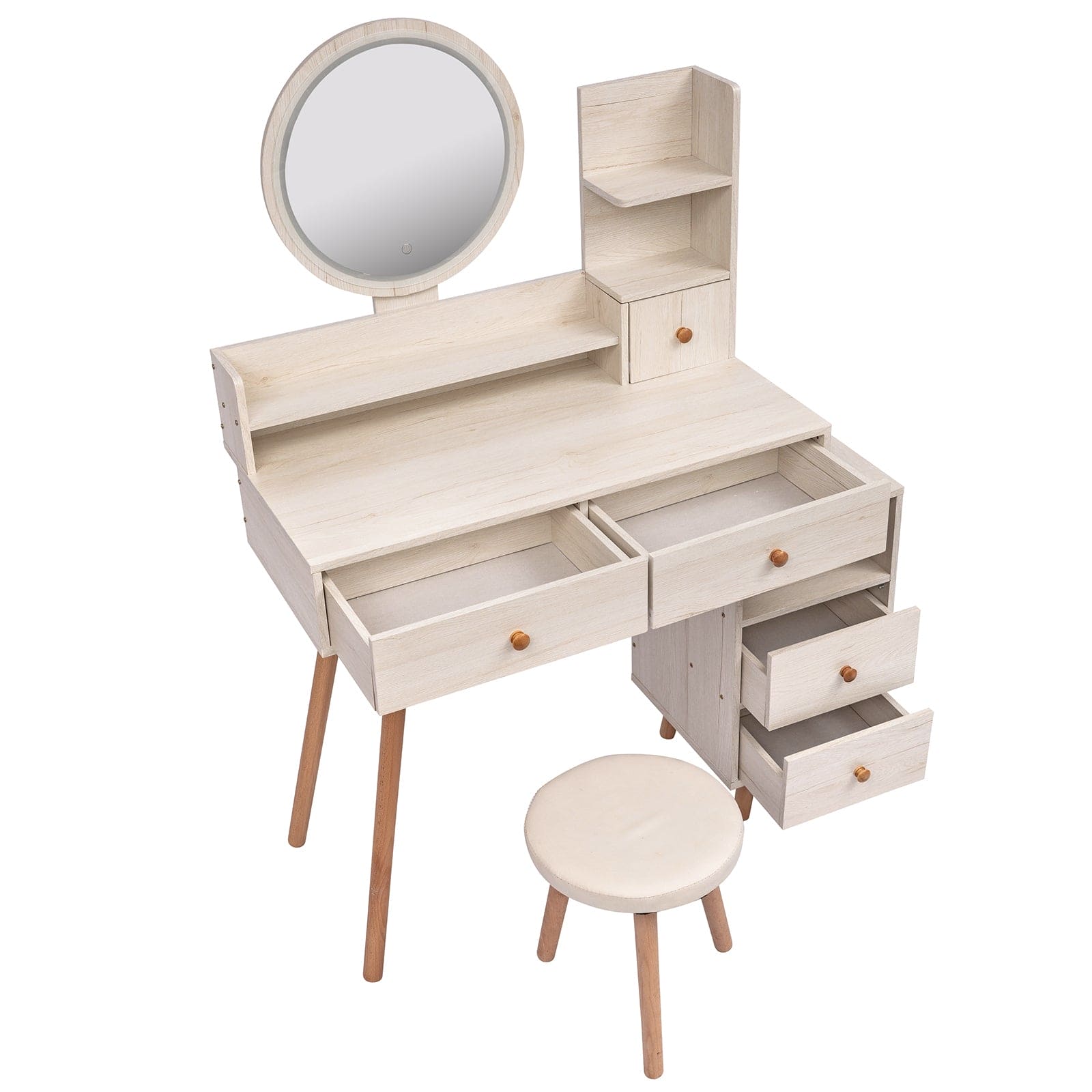 CRAZY ELF Stylish Vanity Table + Cushioned Stool, Touch Control LED Mirror, Large Capacity Storage Cabinet, 5 Drawers, Fashionable Makeup Furniture, Length Adjustable(L31.5"-43.2"x W15.8" x H48.1")