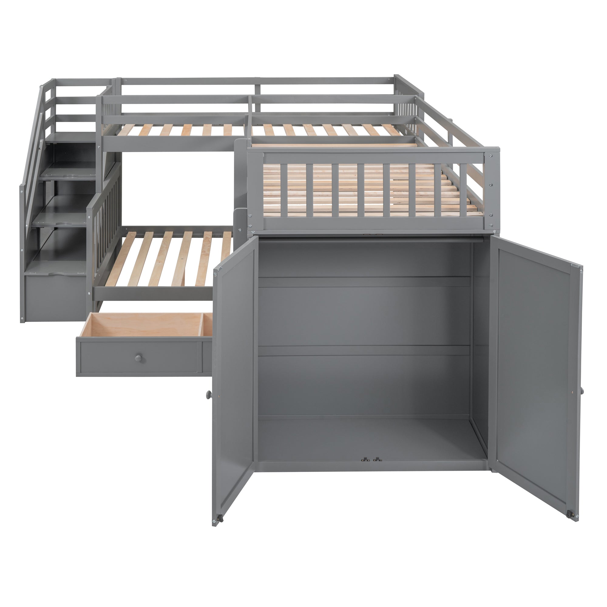 Twin-Twin over Full L-Shaped Bunk Bed With 3 Drawers, Portable Desk and Wardrobe, Gray