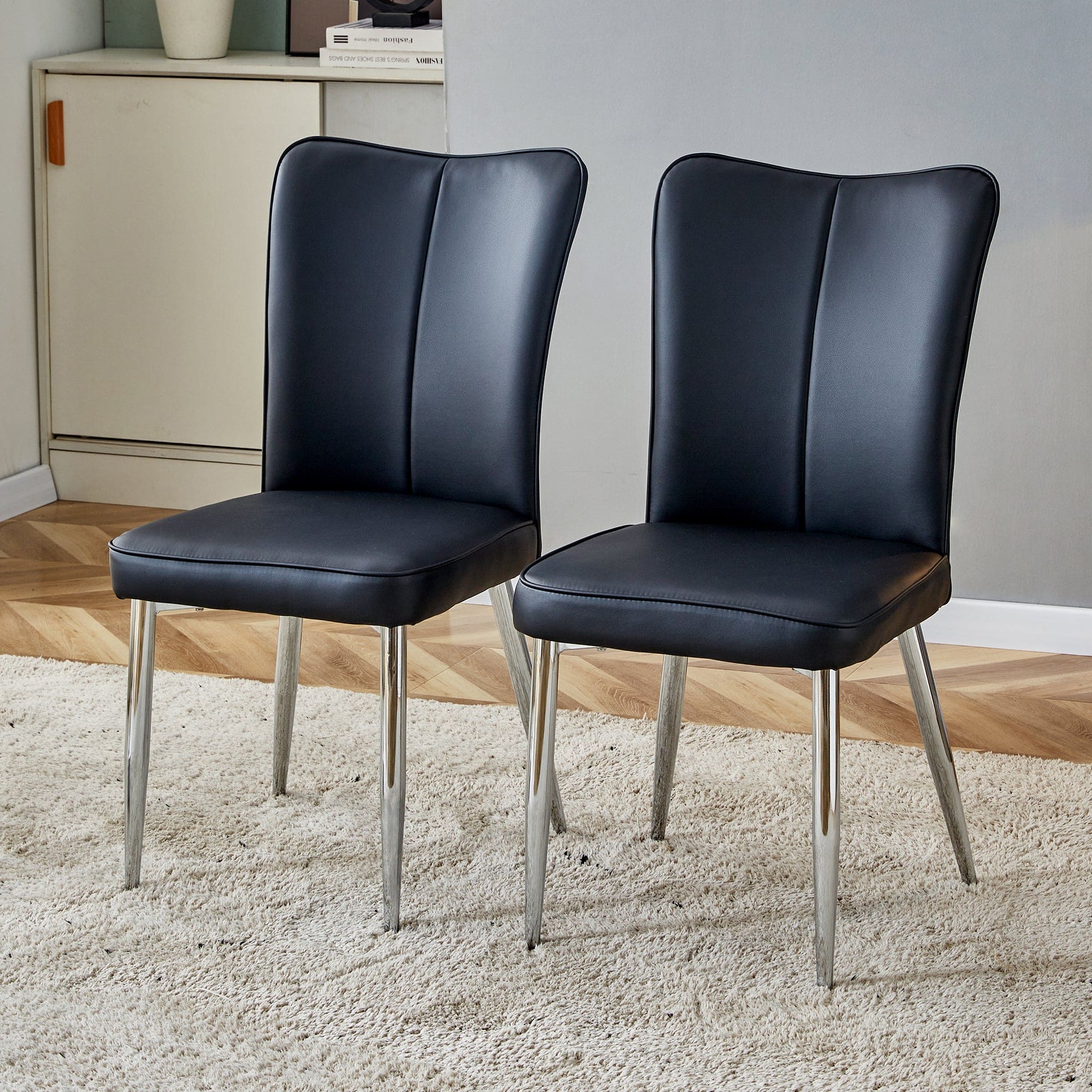 Modern minimalist dining chairs, black PU leather curved backrest and cushion, black metal semi matte chair legs, suitable for restaurants, bedrooms, and living rooms. A set of 2 chairs.008