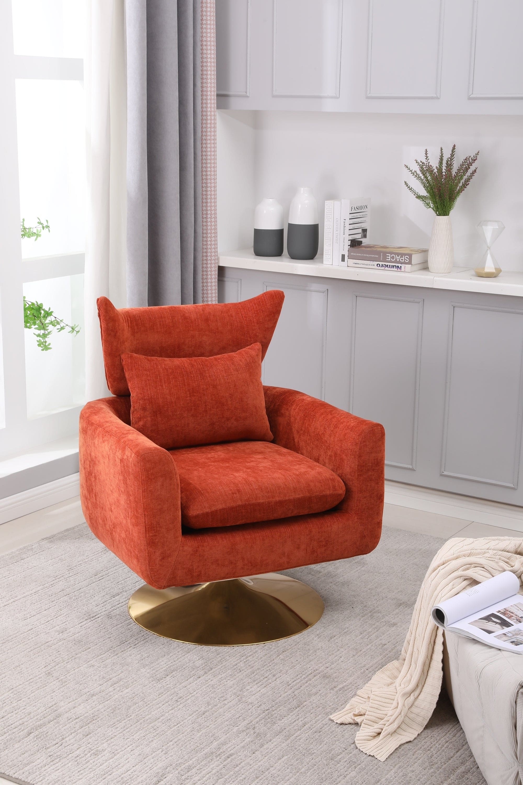 Classic Mid-Century 360-degree Swivel  Accent Chair, Orange Linen