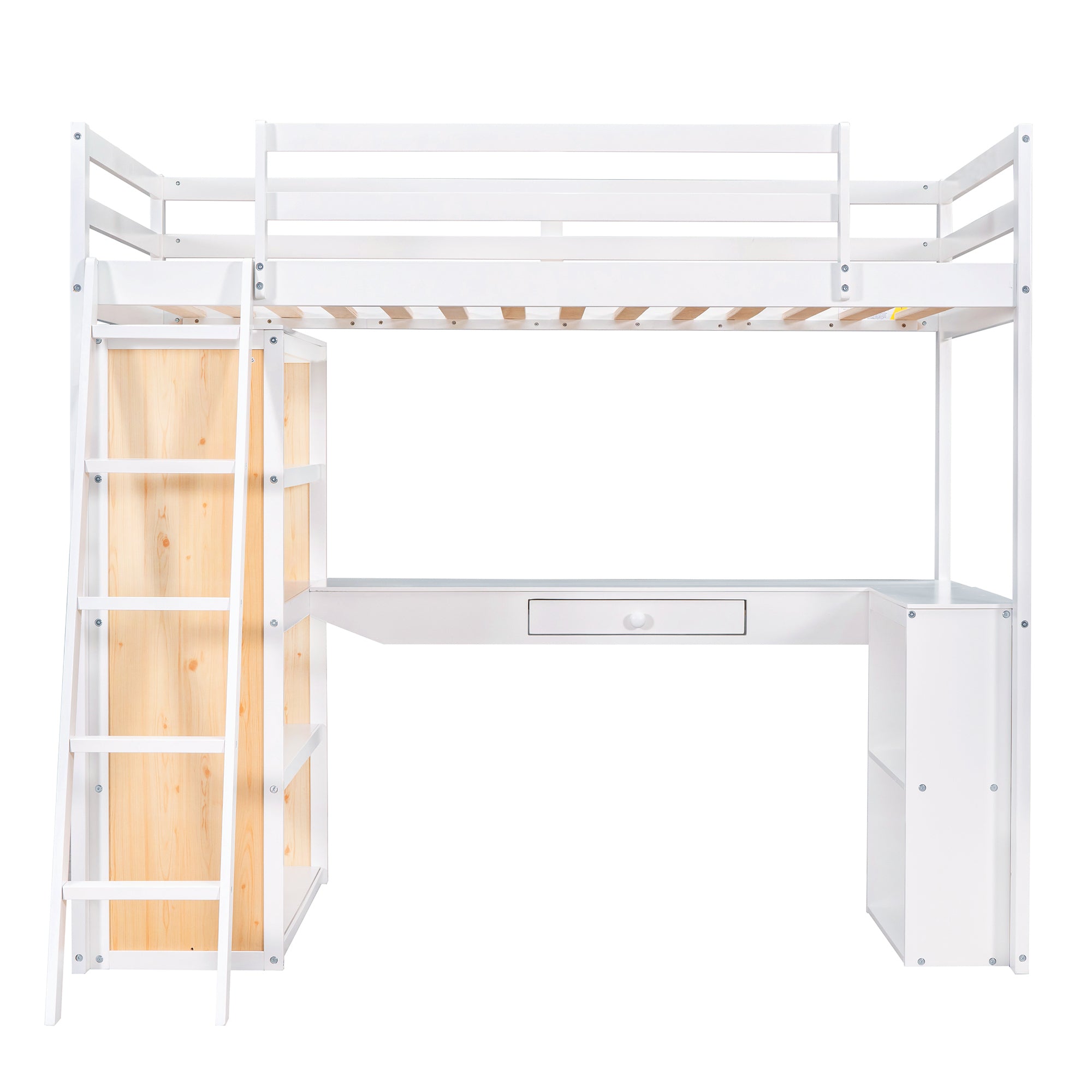 Twin Size Loft Bed with Ladder, Shelves, and Desk, White(OLD SKU:LT100225AAK)