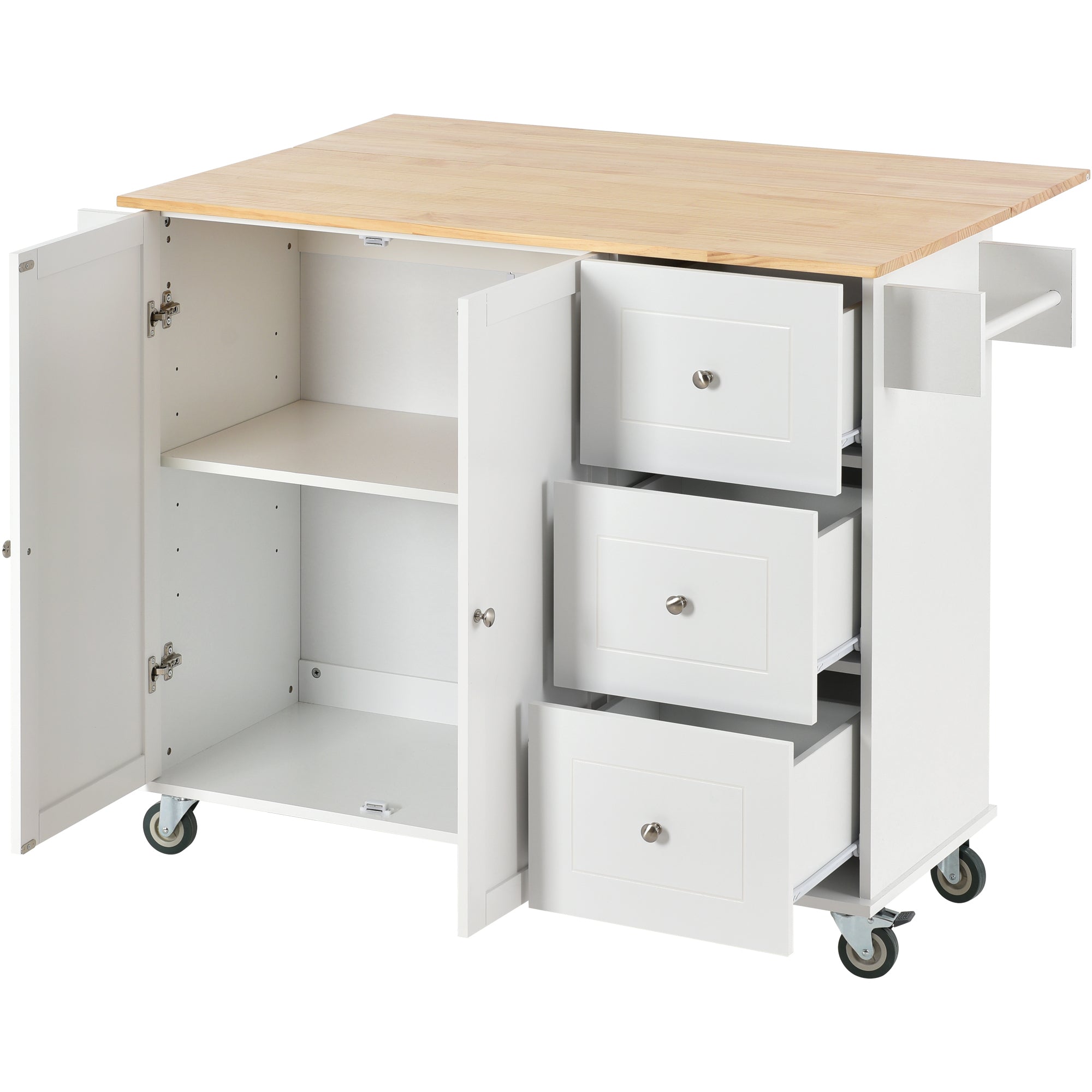 Rolling Mobile Kitchen Island with Solid Wood Top and Locking Wheels,52.7 Inch Width,Storage Cabinet and Drop Leaf Breakfast Bar,Spice Rack, Towel Rack & Drawer (White)