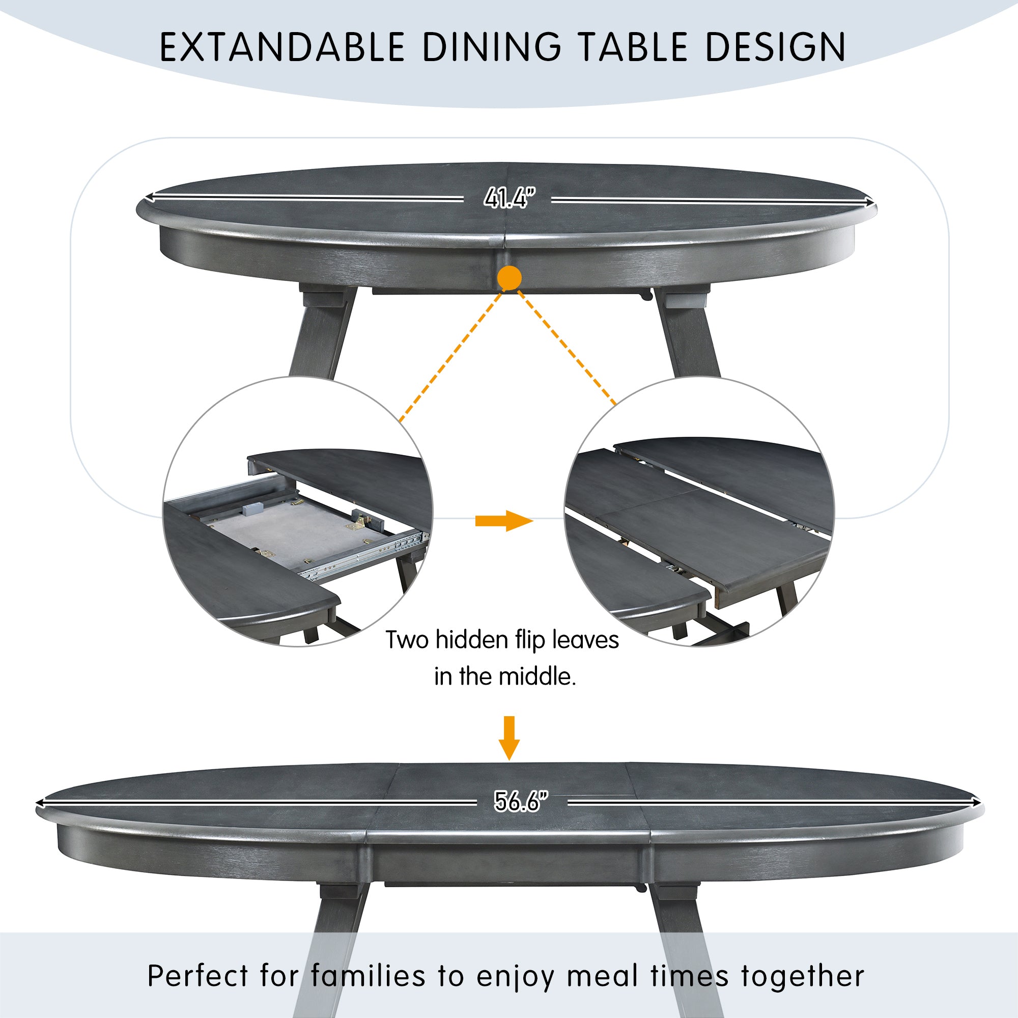 TREXM Wood Dining Table Round Extendable Dining Table for Dining Room (Gray)