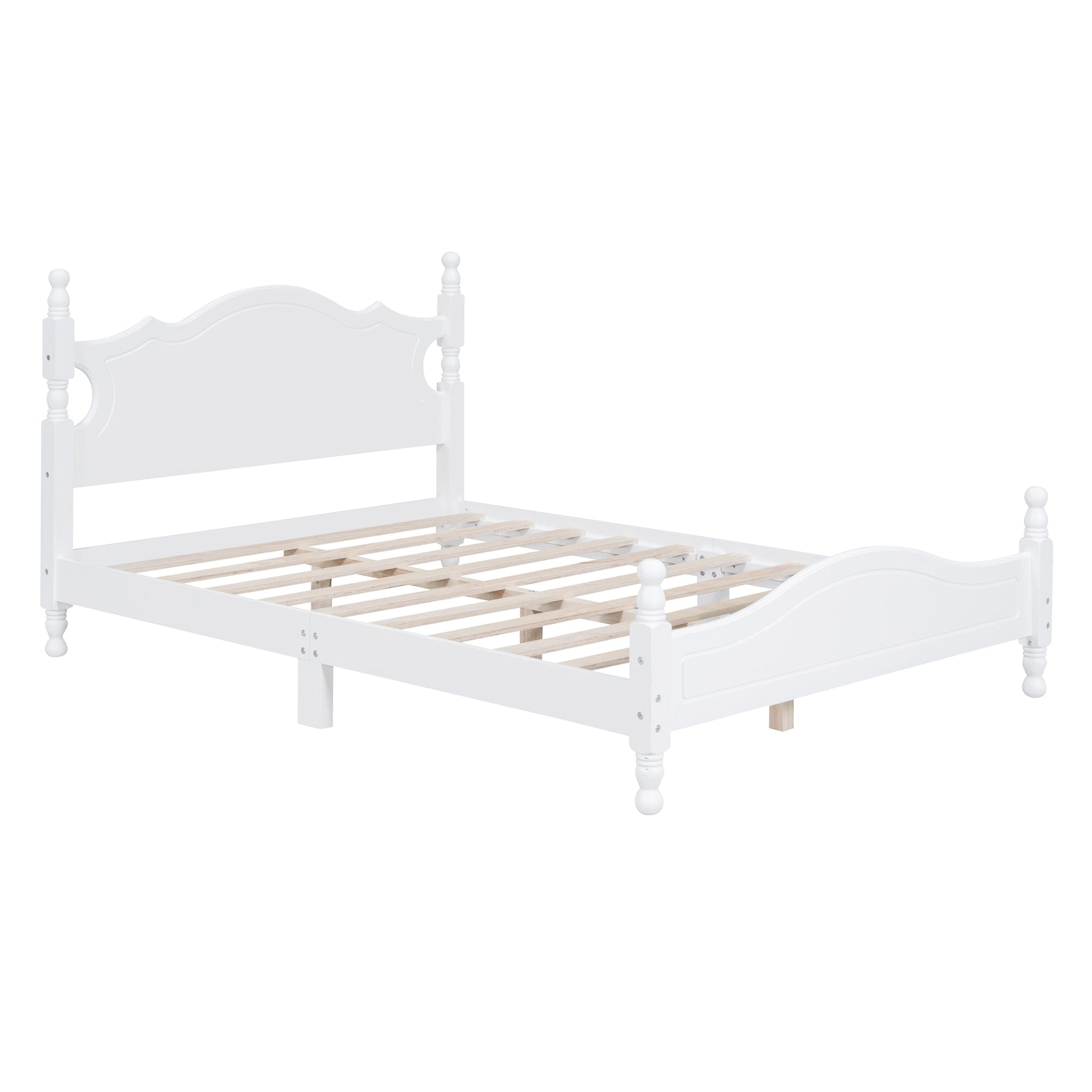 Full Size Wood Platform Bed Frame,Retro Style Platform Bed with Wooden Slat Support,White