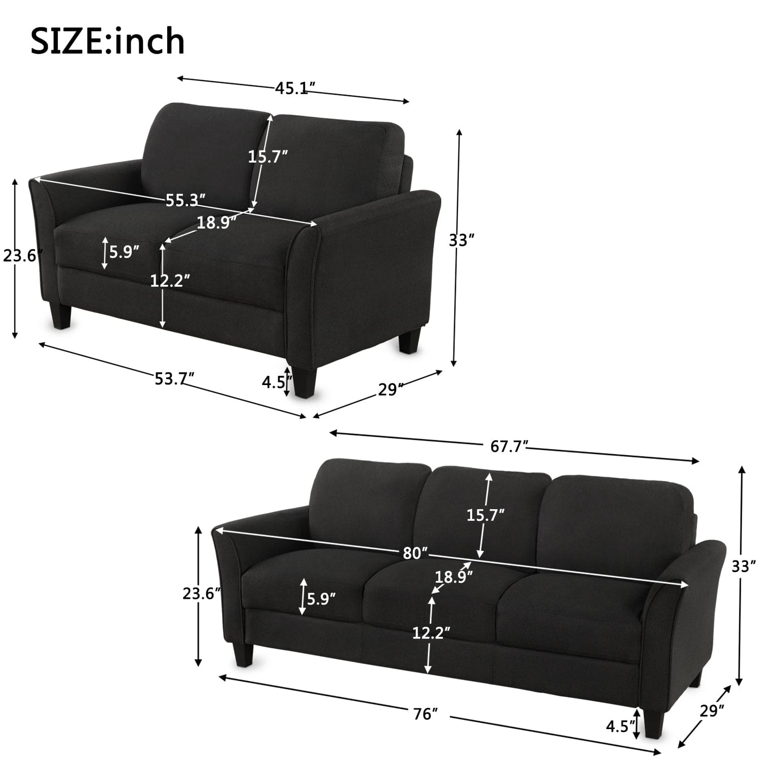 Living Room Furniture Loveseat Sofa and 3-seat  sofa (Black)