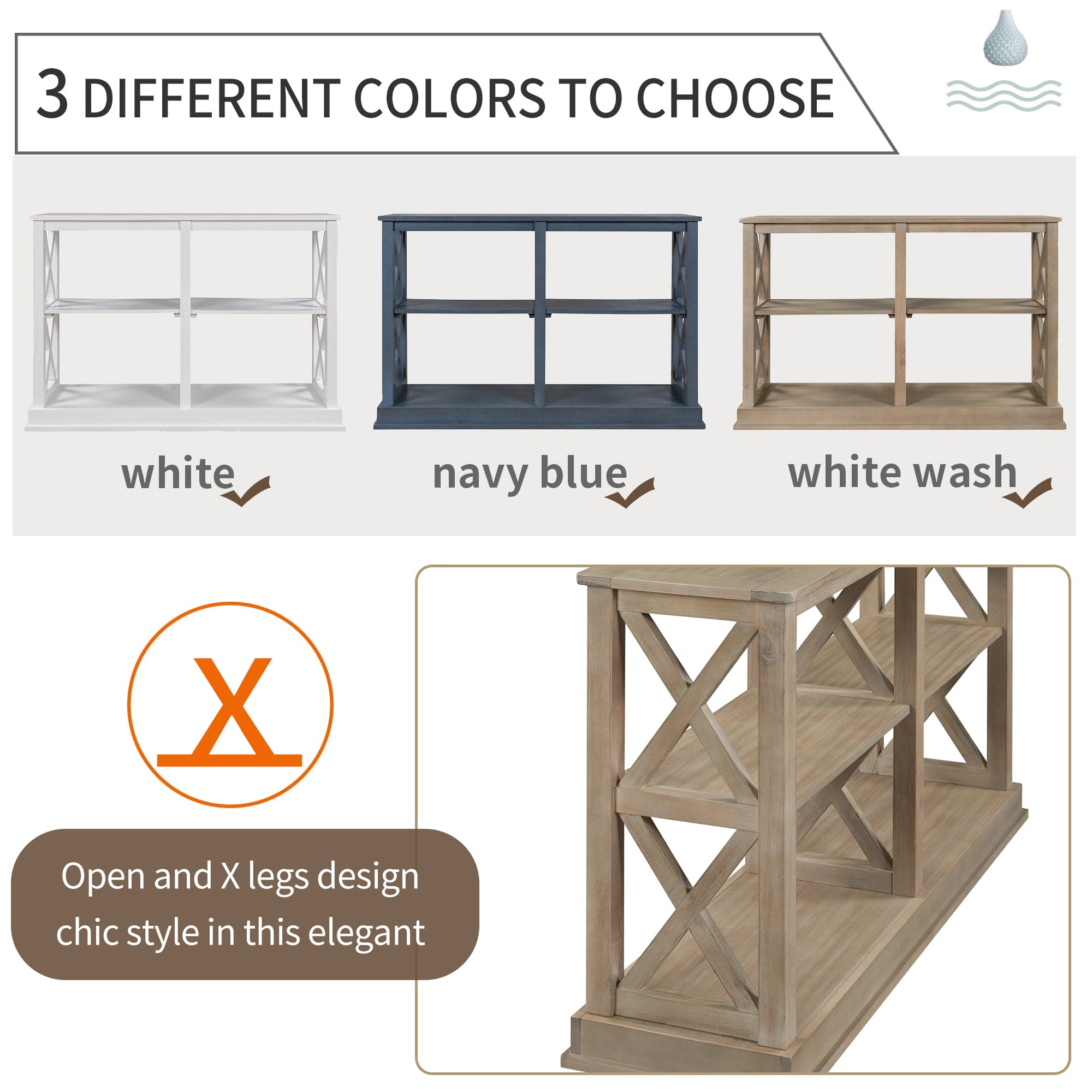 TREXM Console Table with 3-Tier Open Storage Spaces and “X” Legs, Narrow Sofa Entry Table for Living Room, Entryway and Hallway (White Wash)