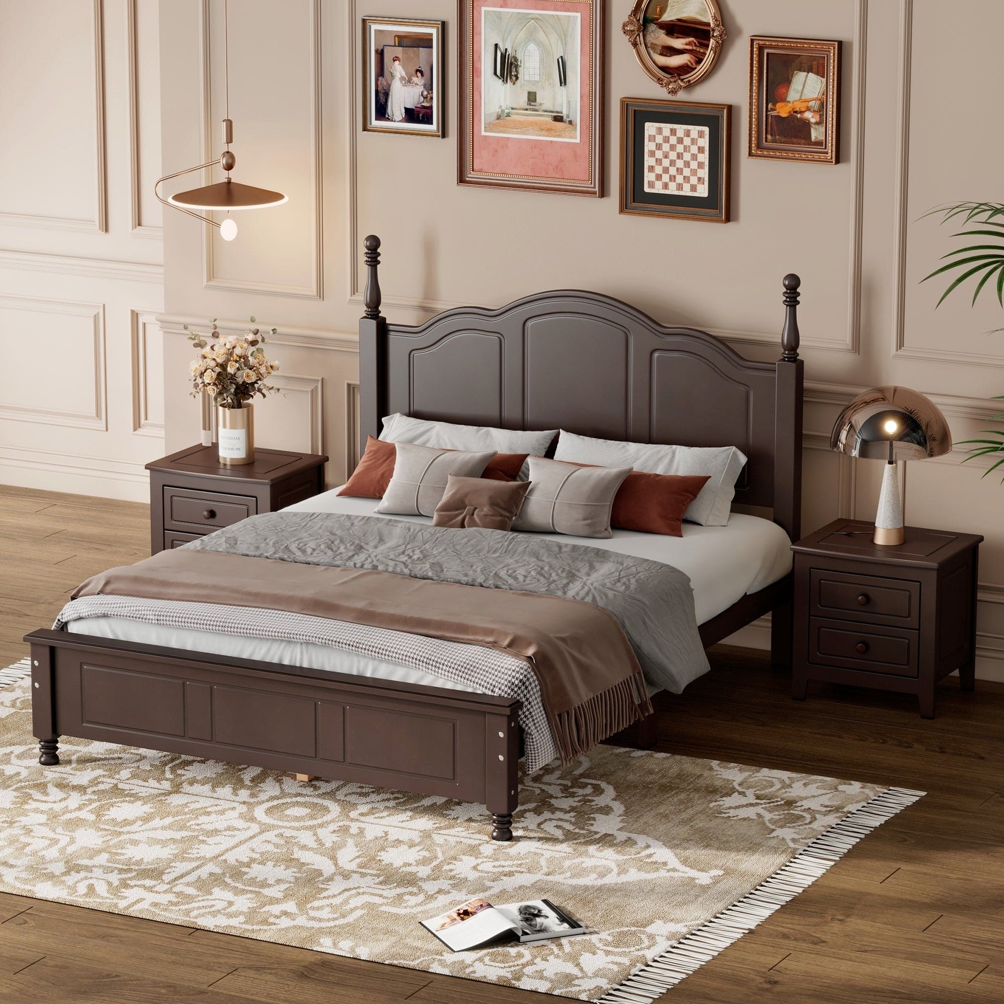 3-Pieces Bedroom Sets,Full Size Wood Platform Bed and Two Nightstands-Dark Walnut