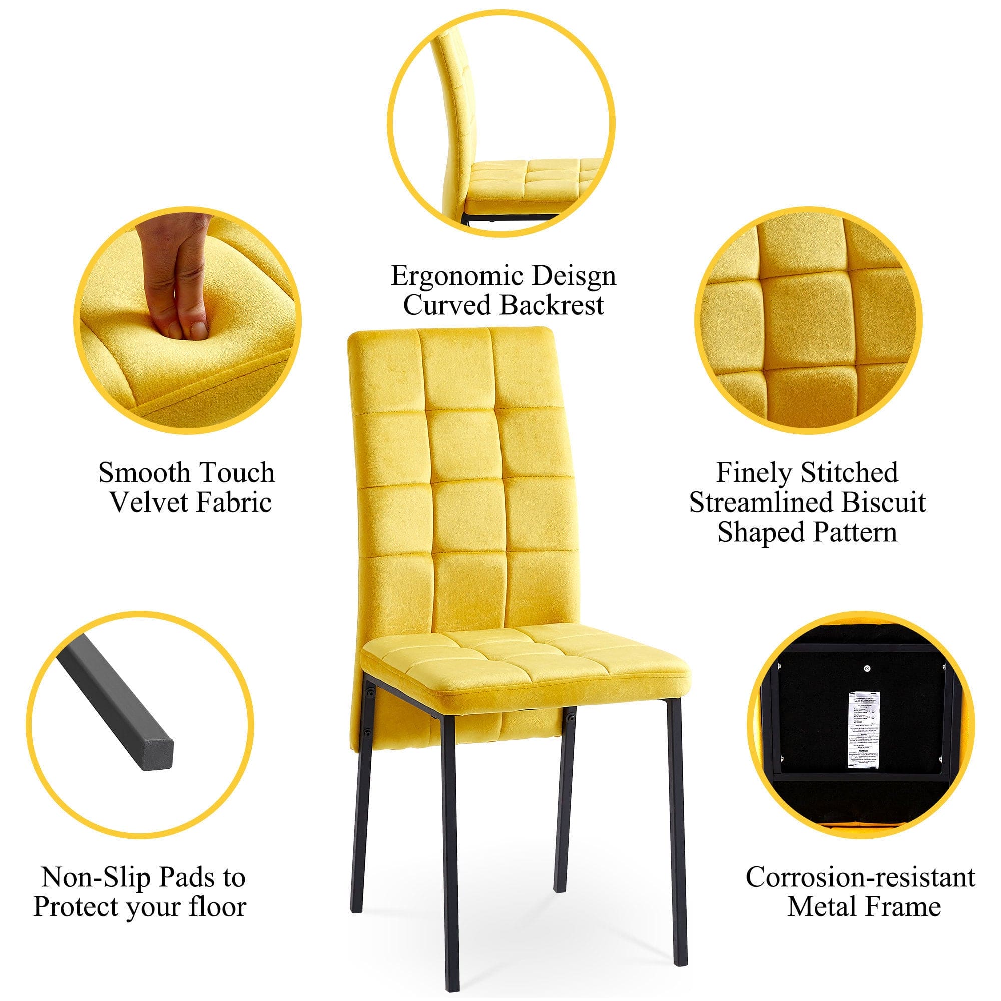 Yellow Velvet High Back Nordic Dining Chair Modern Fabric Chair with Black Legs, Set Of 2