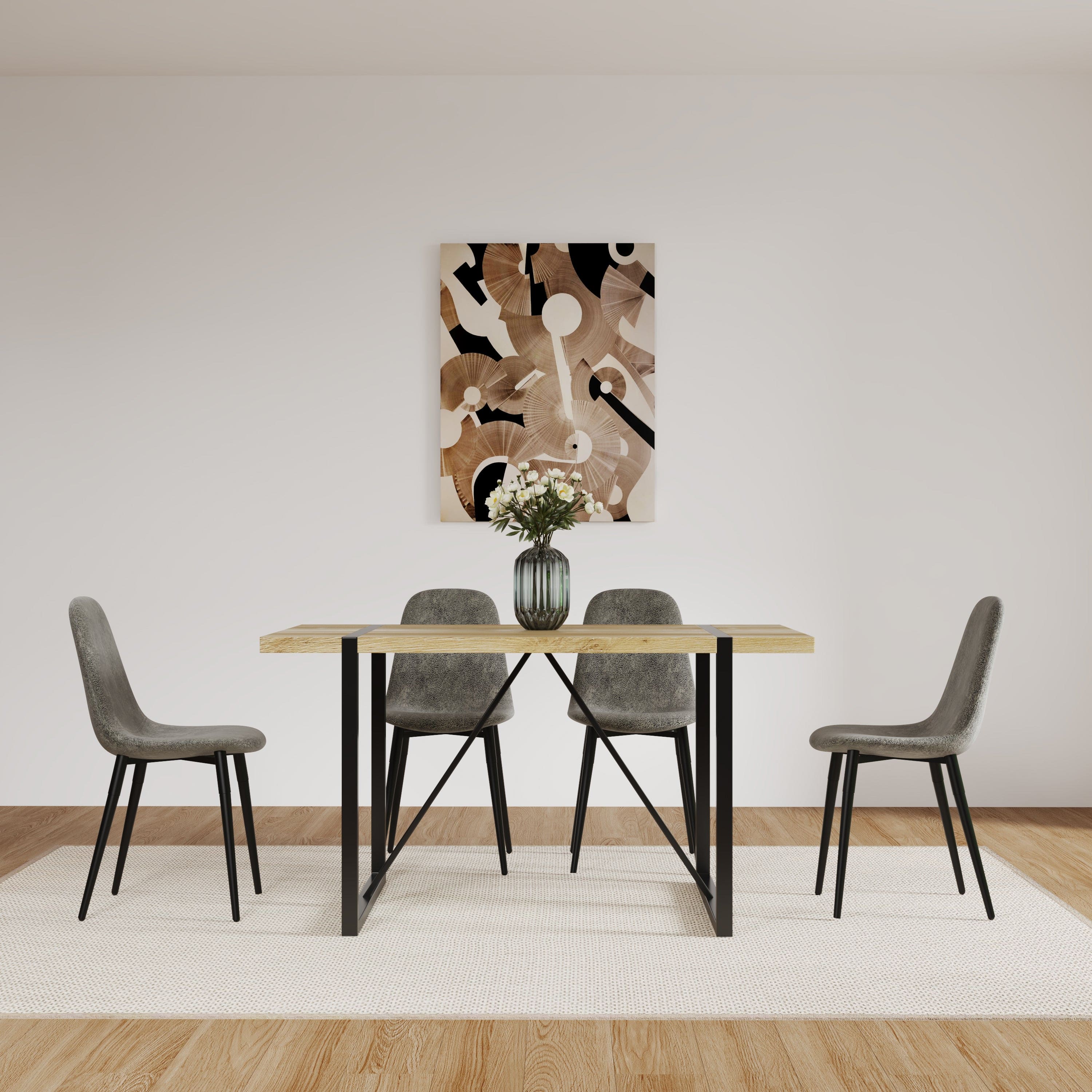 MDF Wood Colour Dining Table and Modern Dining Chairs Set of 4, Mid Century Wooden Kitchen Table Set, Metal Base & Legs, Dining Room Table and Suede Chairs