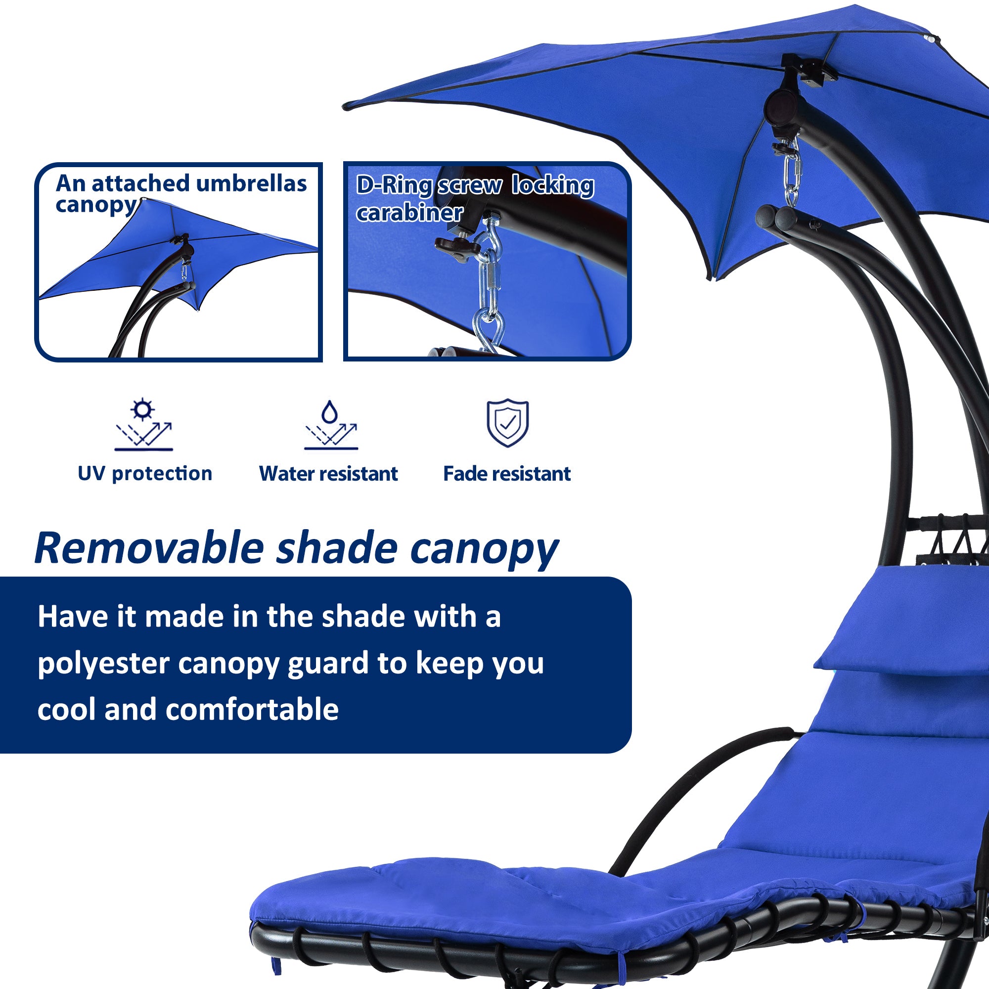 Hanging Chaise Lounger with Removable Canopy, Outdoor Swing Chair with Built-in Pillow, Hanging Curved Chaise Lounge Chair Swing for Patio Porch Poolside, Hammock Chair with Stand (Blue)