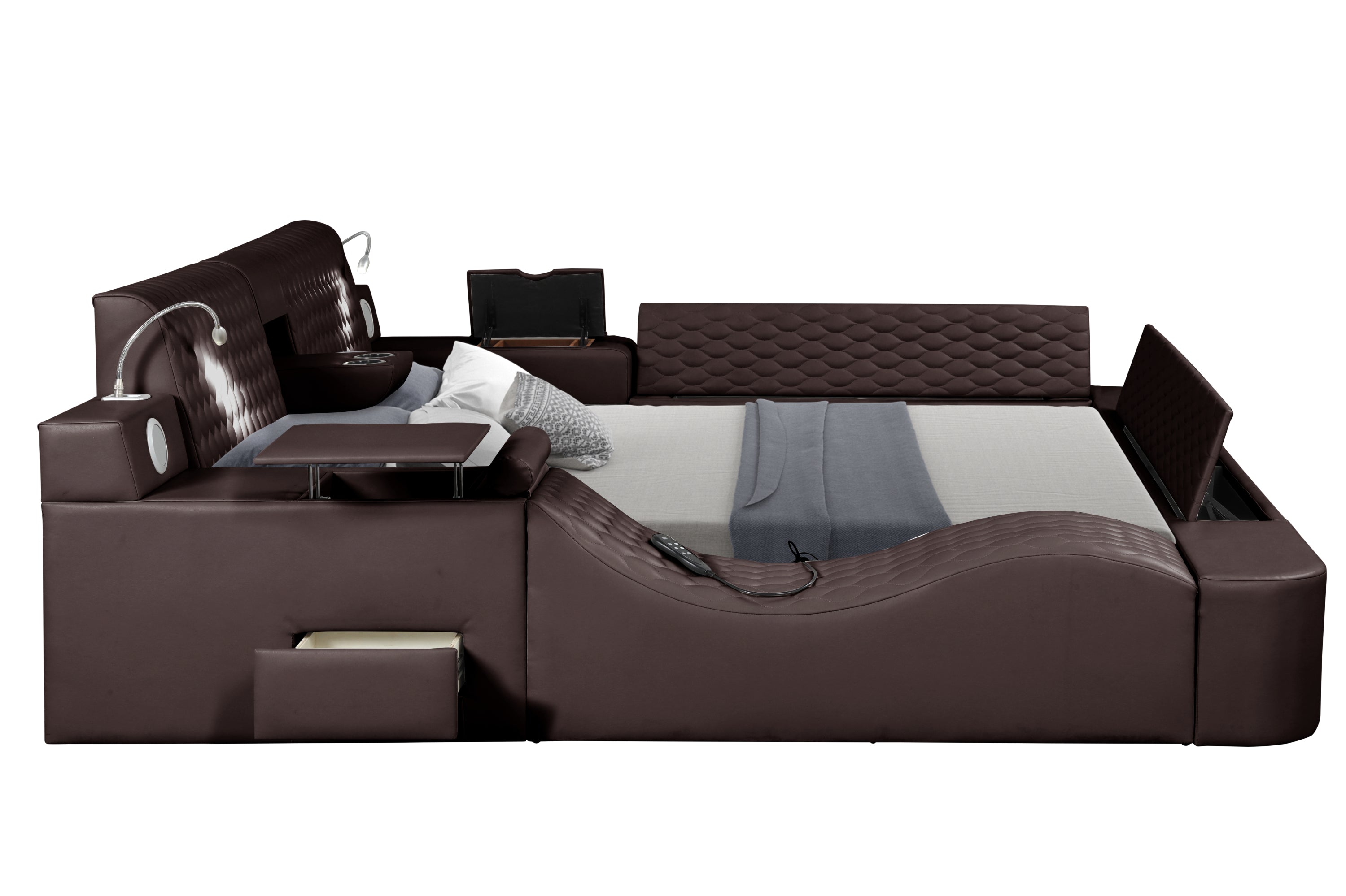 Zoya Smart Multifunctional Queen Size Bed Made with Wood in Brown