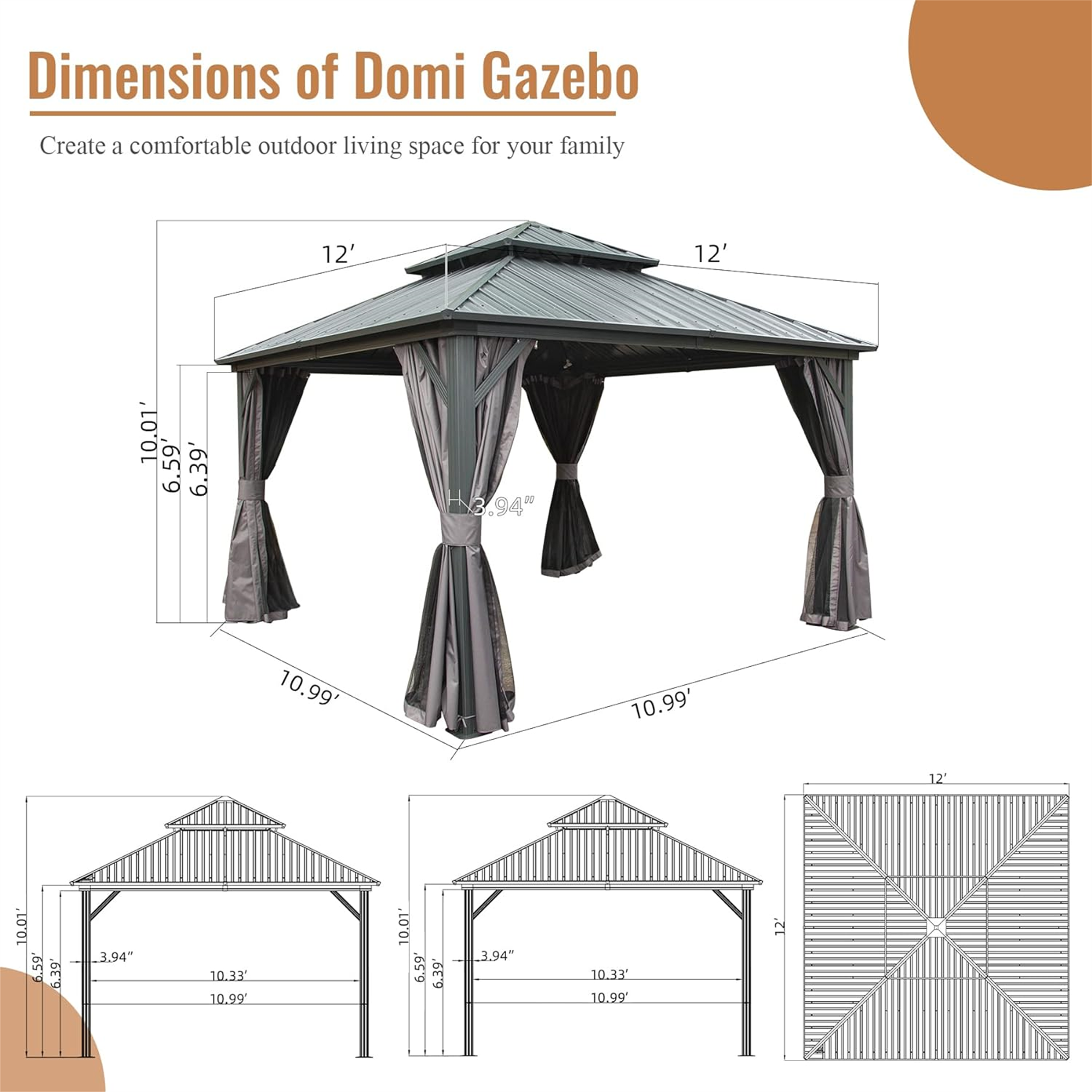 12' X 12' Hardtop Gazebo, Aluminum Metal Gazebo with Galvanized Steel Double Roof Canopy, Curtain and Netting, Permanent Gazebo Pavilion for Patio, Backyard, Deck, Lawn