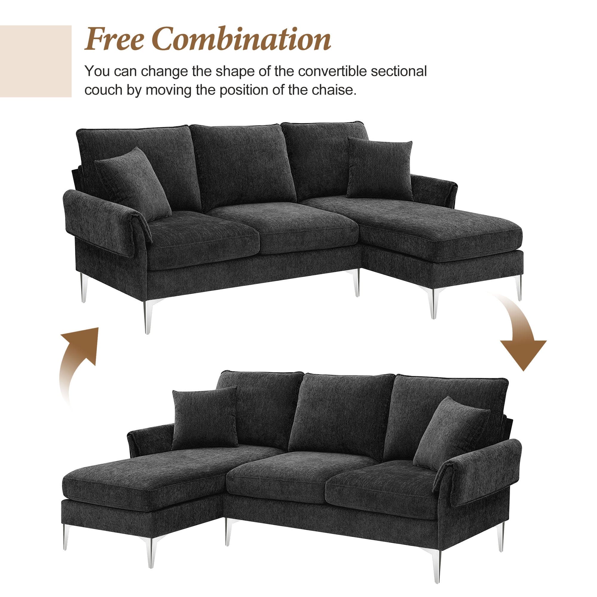 [VIDEO provided] [New]84 " Convertible Sectional Sofa, Modern Chenille L-Shaped Sofa Couch with Reversible Chaise Lounge, Fit for Living Room, Apartment(2 Pillows)