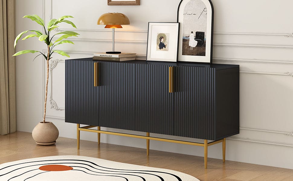 TREXM Modern Elegant 4-door Sideboard Gold Metal Handle Buffet Cabinet for Dining Room, Living Room, Bedroom, Hallway (Black)