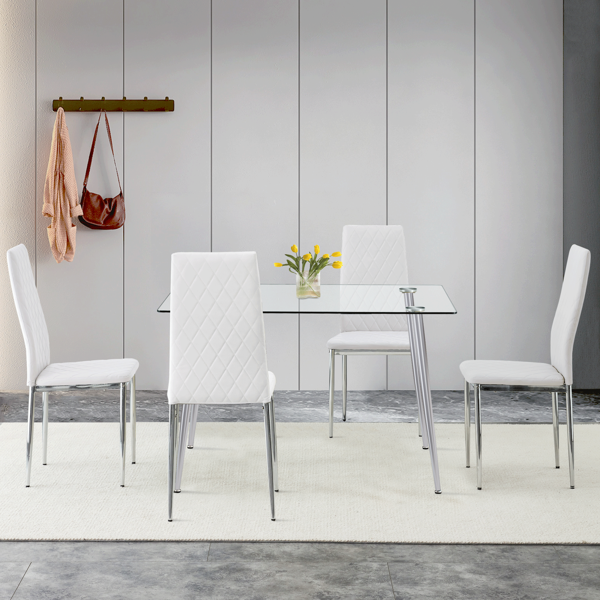 Grid armless high backrest dining chair, 4-piece set of silver metal legs white chair, office chair. Suitable for restaurants, living rooms, kitchens, and offices.W115162607  0924