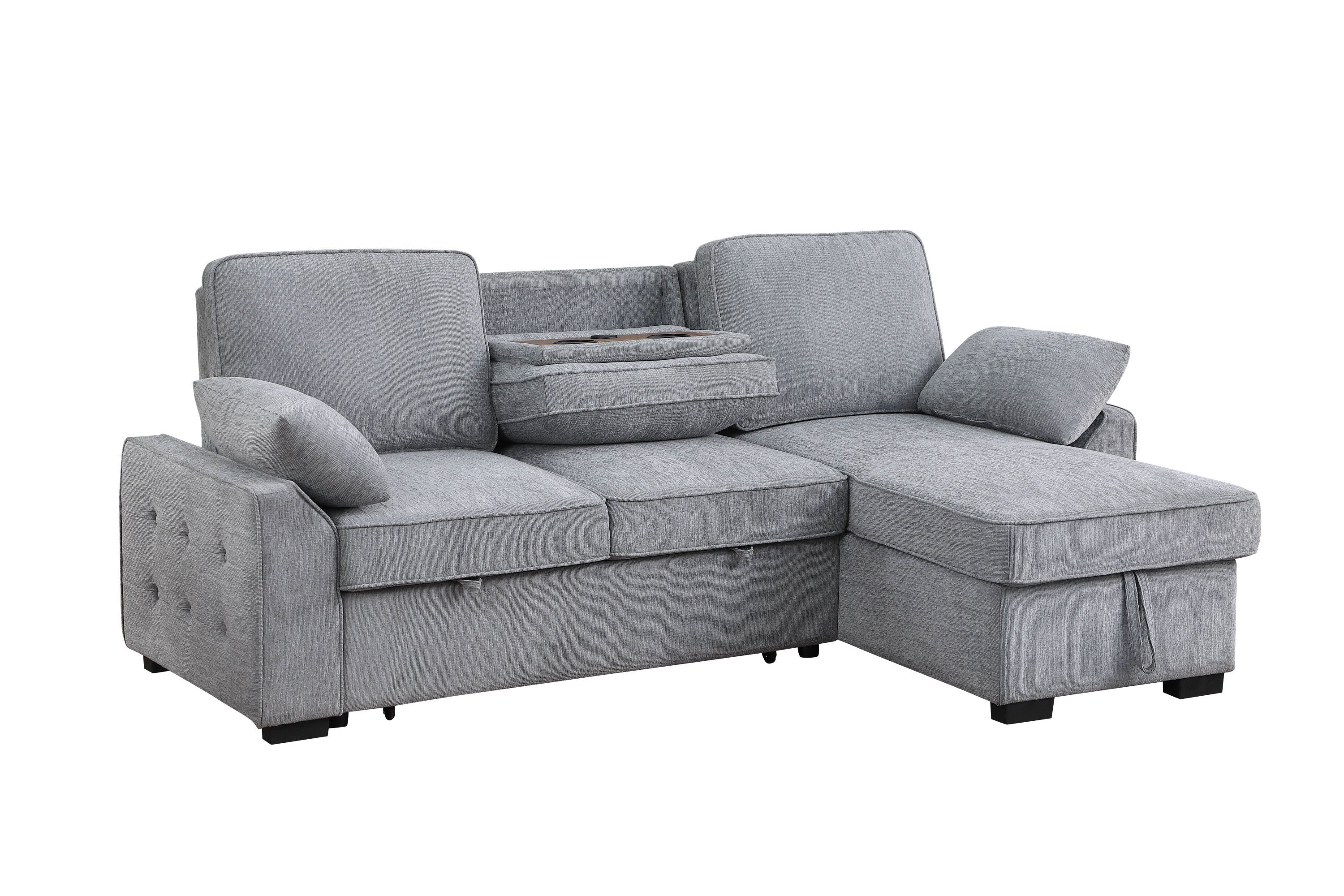 Mackenzie Light  Gray Chenille Fabric Reversible Sleeper Sectional with Storage Chaise, Drop-Down Table, Cup Holders and Charging Ports