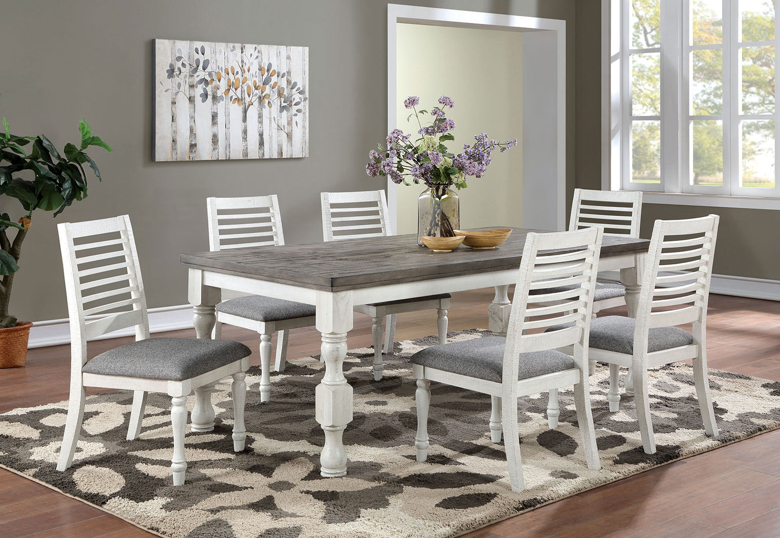 Majestic Rustic 2pc Dining Chairs Only Antique White Solid wood Gray Fabric Cushions Two-tone Turned Legs Chair Dining Room Furniture