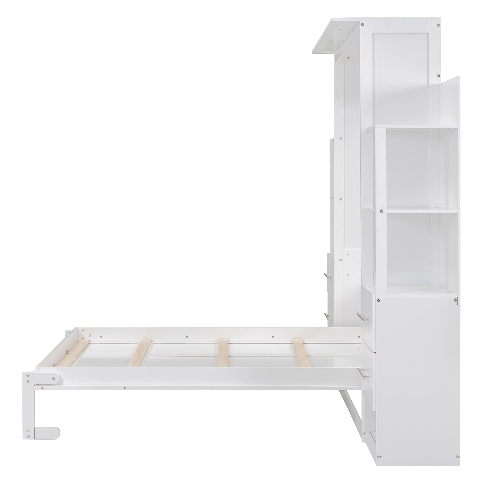 Full Size Murphy Bed Wall Bed with Shelves, Drawers and LED Lights,White