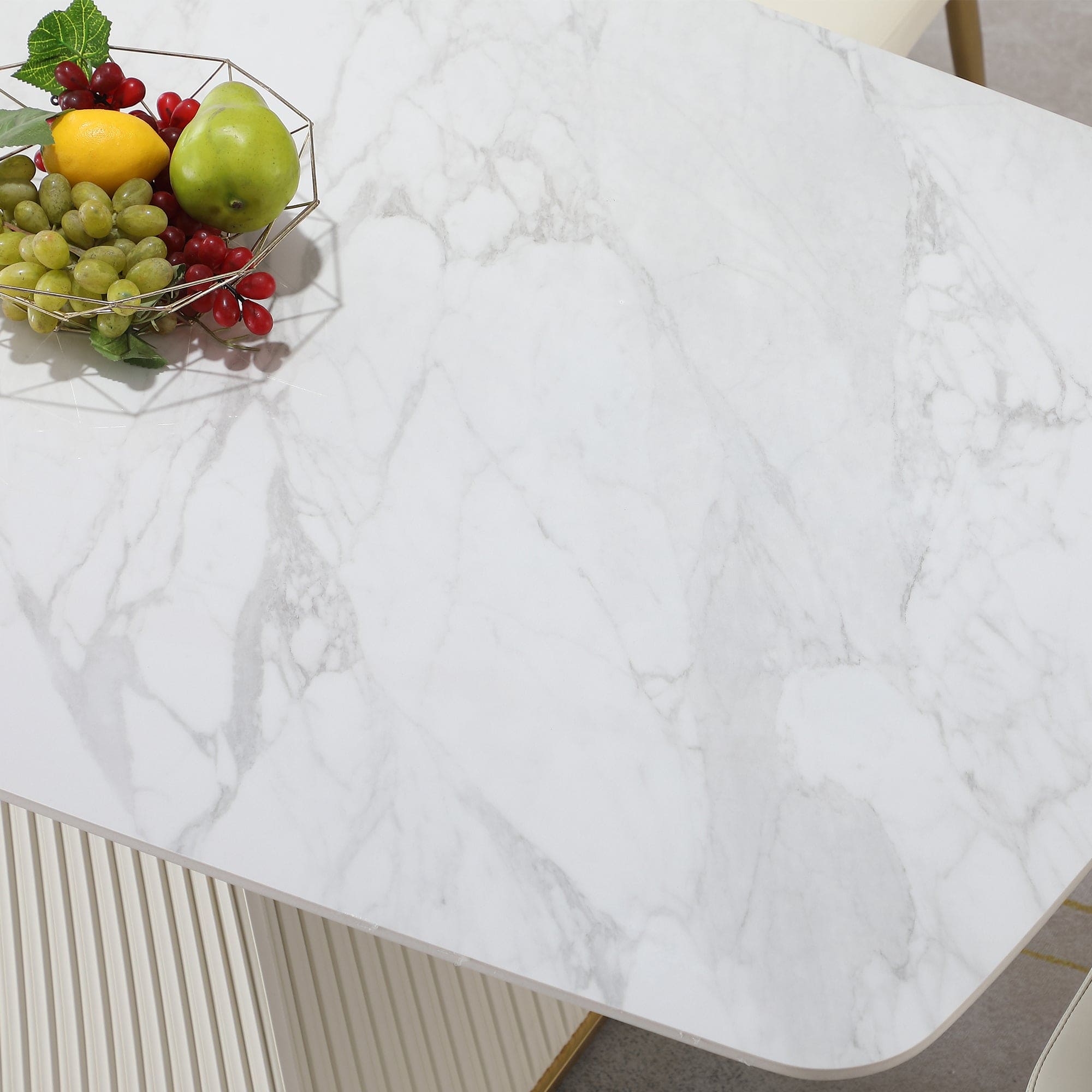 71-Inch Stone DiningTable with Carrara White color and Striped Pedestal Base