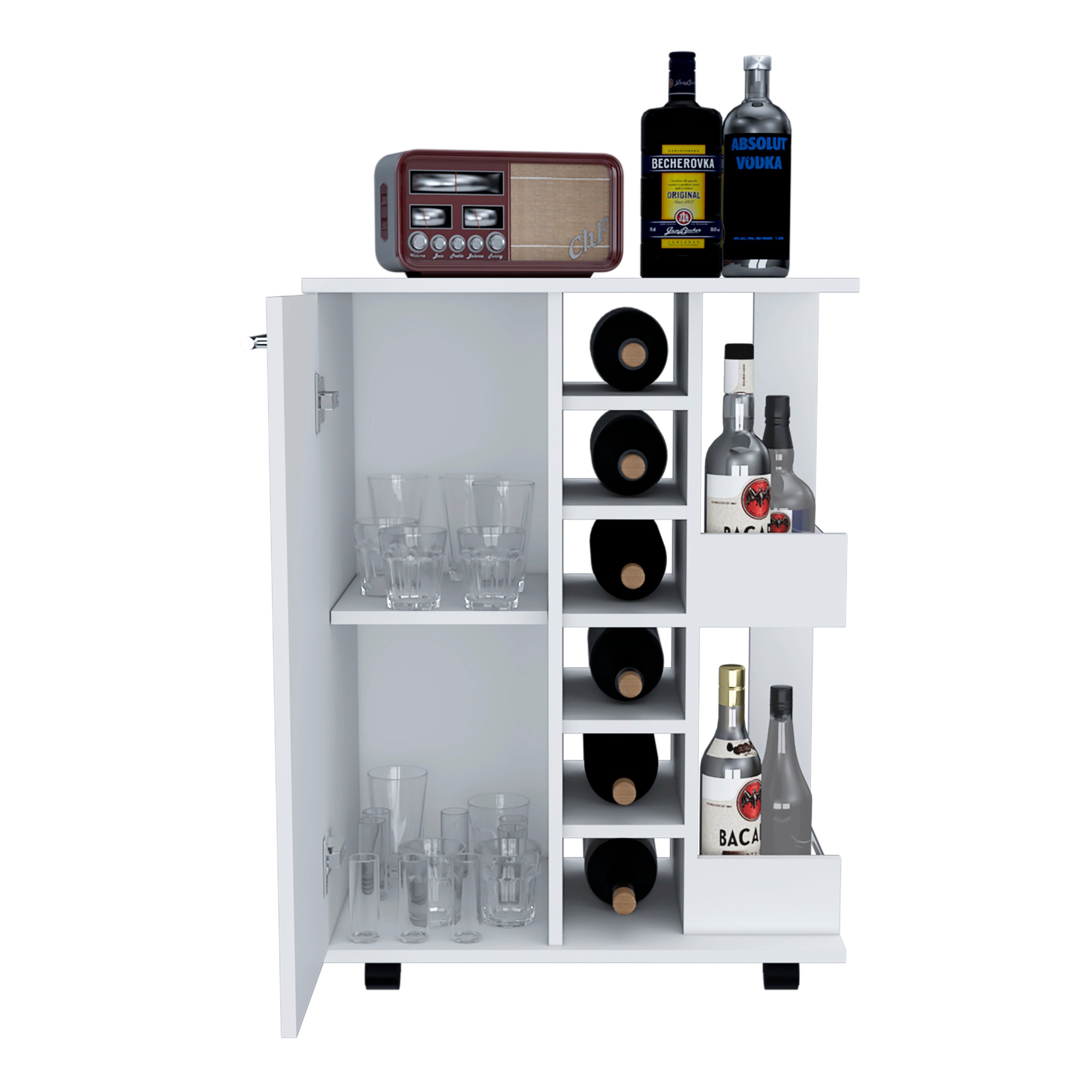 Bar Cart Wells, Four Casters, Six Wine Cubbies, Single Door Cabinet, White Finish