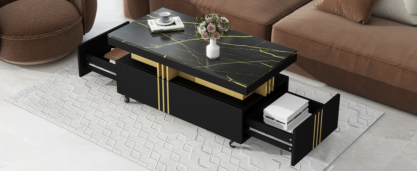 ON-TREND Contemporary Coffee Table with Faux Marble Top, Rectangle Cocktail Table with Caster Wheels, Moderate Luxury Center Table with Gold Metal Bars for Living Room, Black