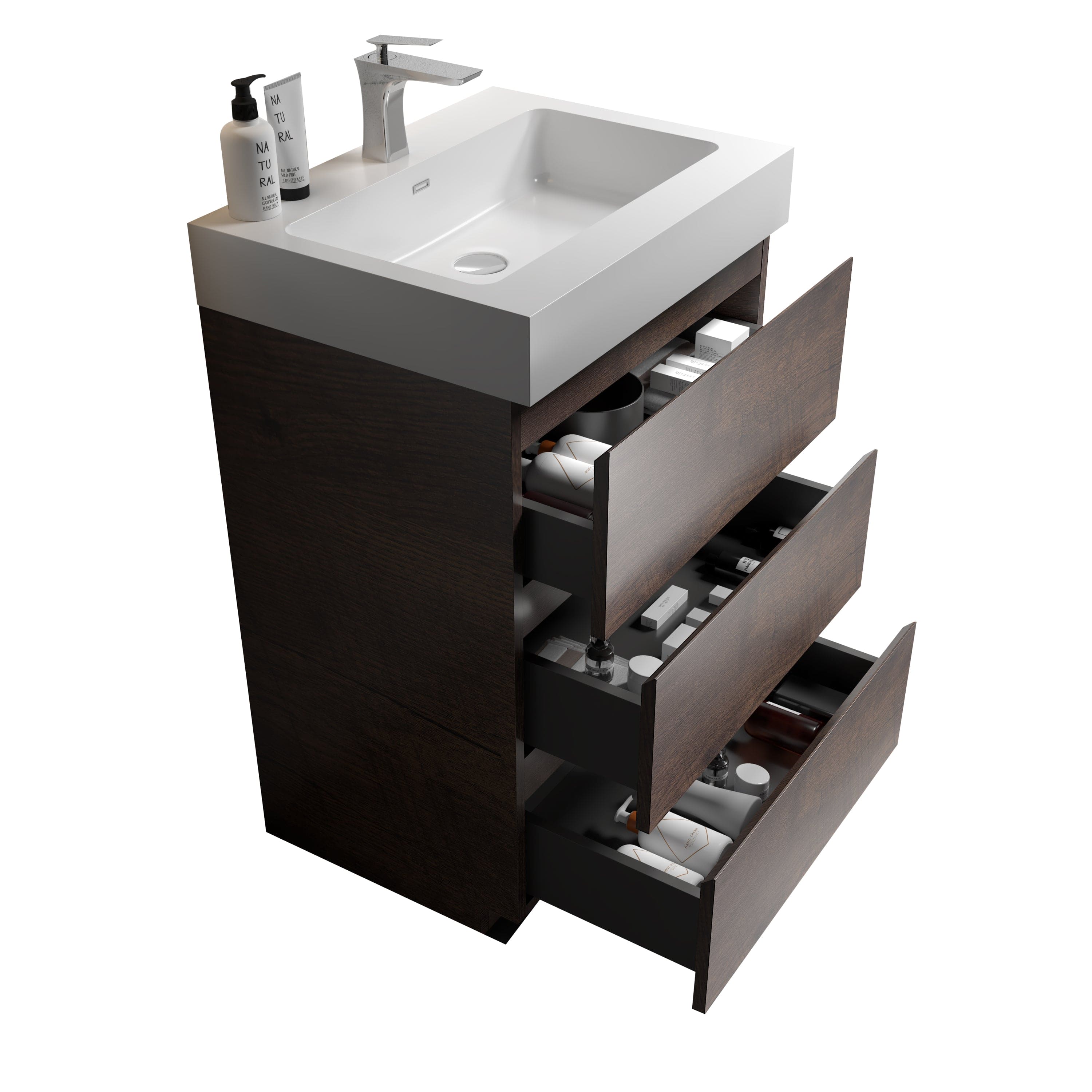 Alice 24" Walnut Bathroom Vanity with Sink, Large Storage Freestanding Bathroom Vanity for Modern Bathroom, One-Piece White Sink Basin without Drain and Faucet