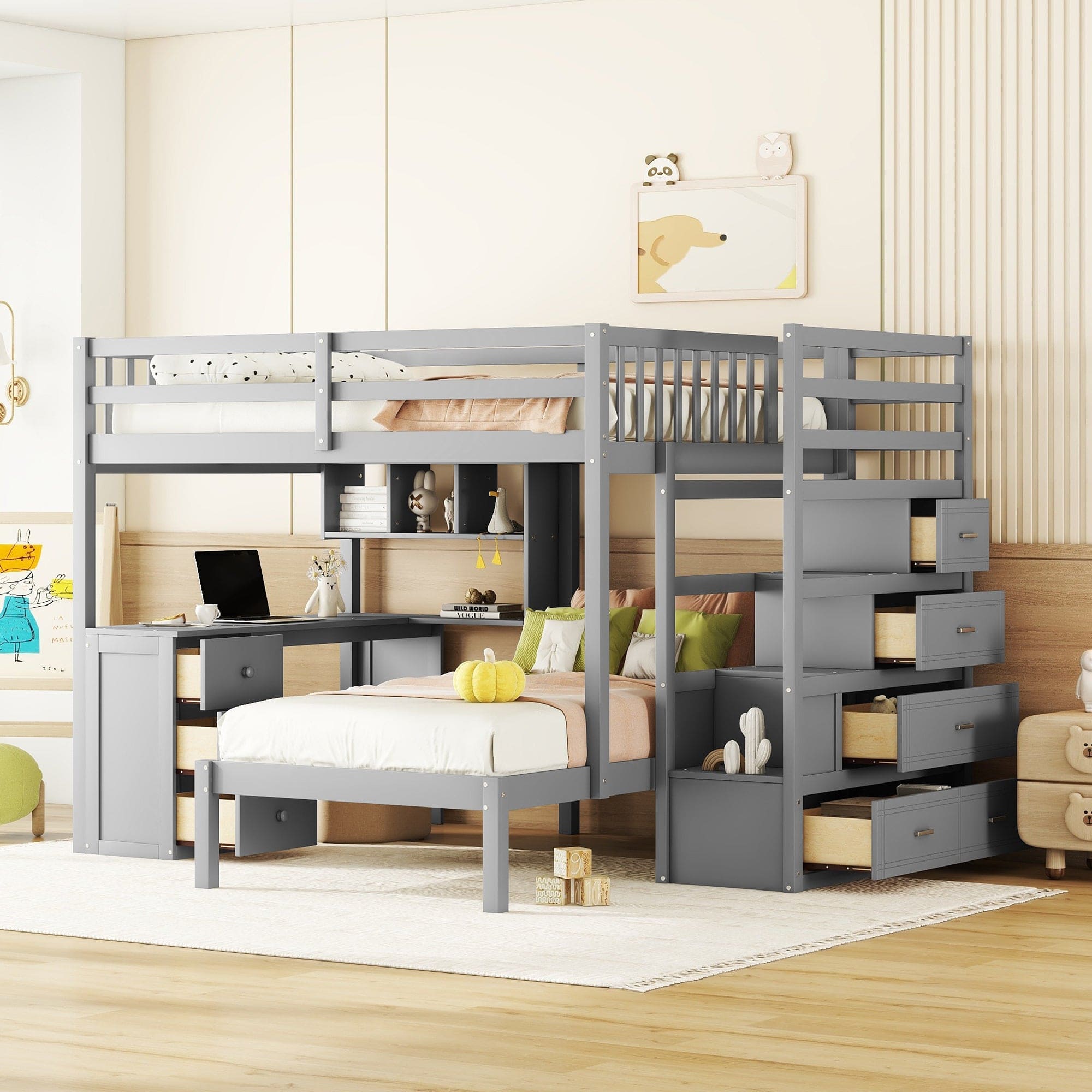 Full Over Twin Bunk Bed with Desk, Drawers and Shelves, Gray