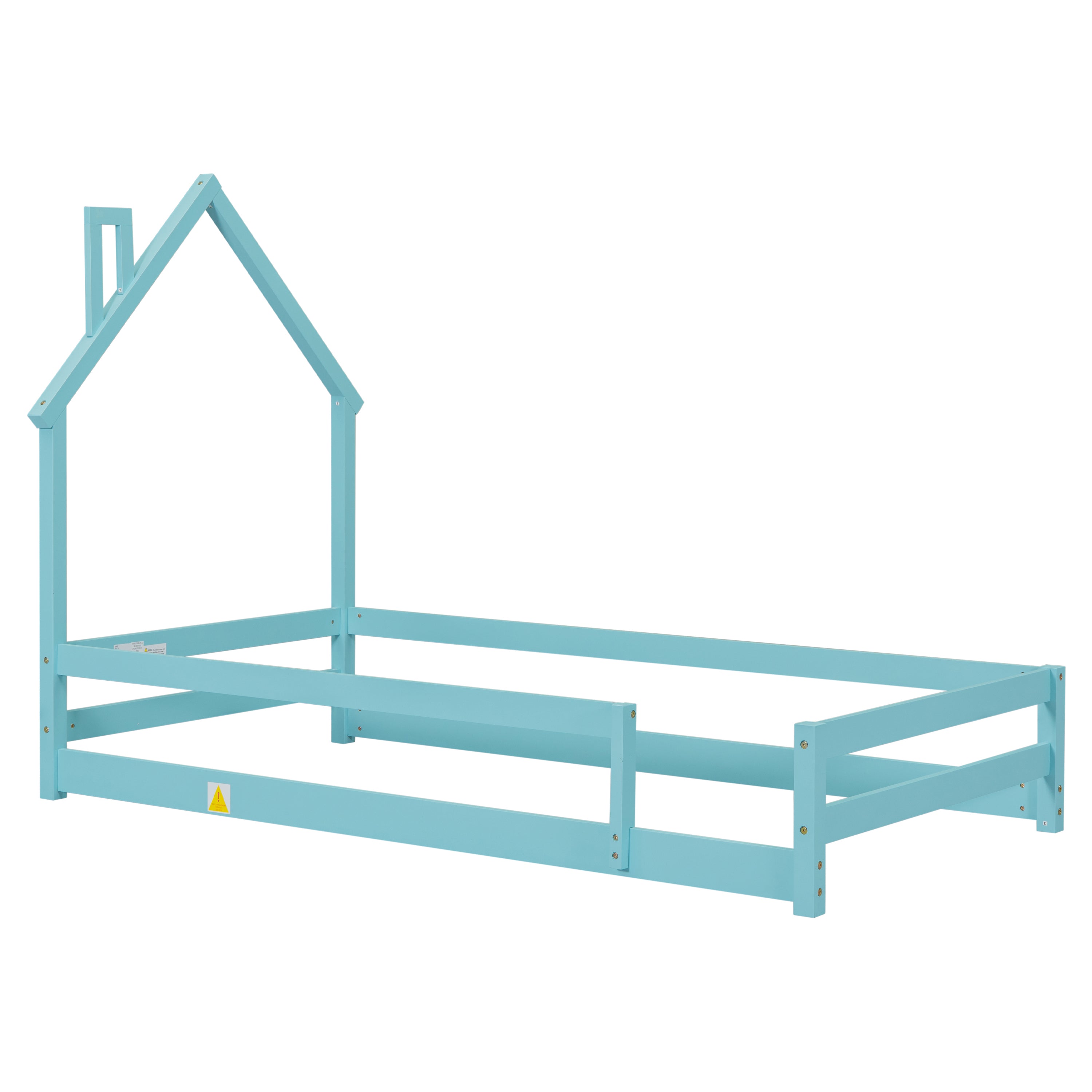 Twin Size Wood bed with House-shaped Headboard Floor bed with Fences,Light Blue