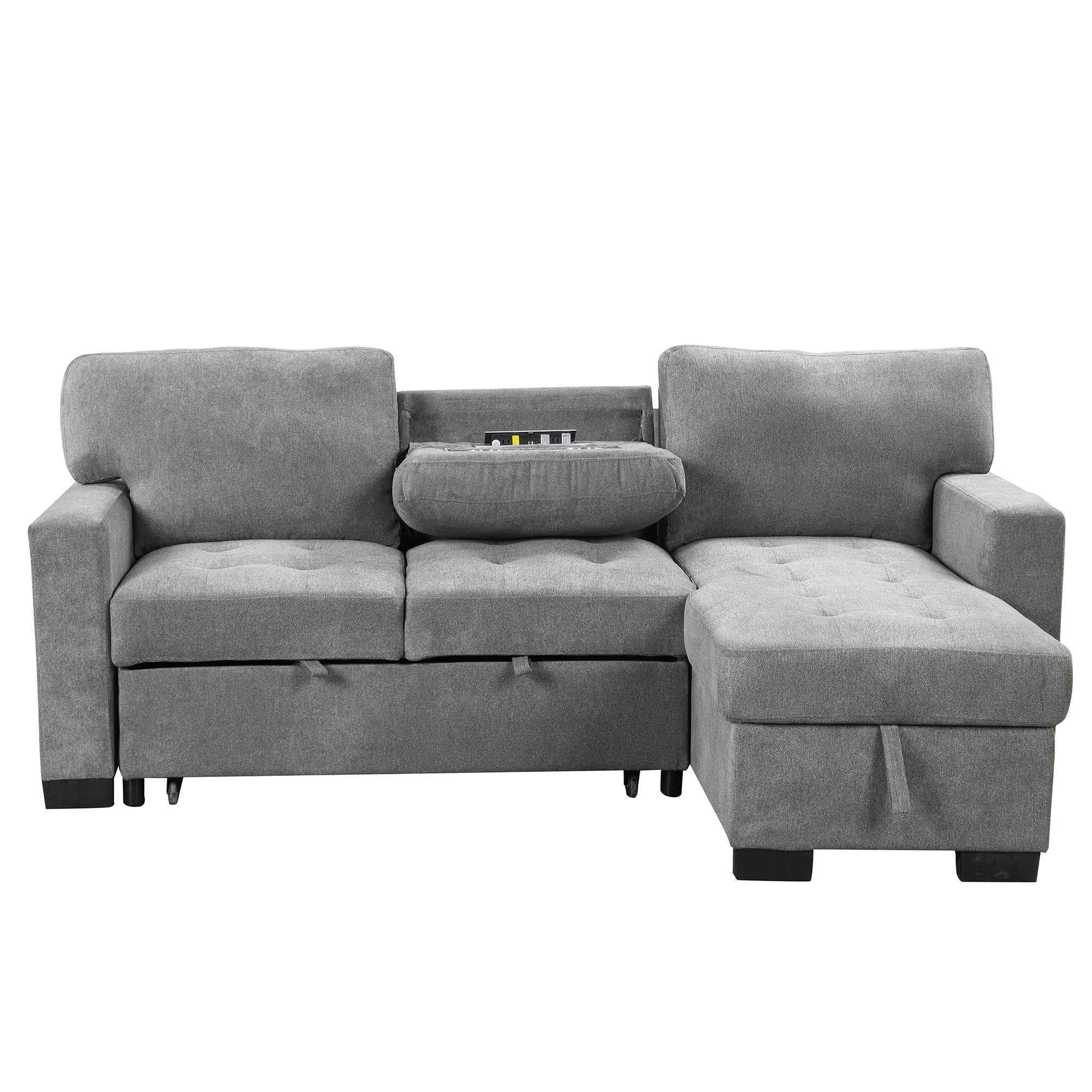 Stylish and Functional Light Chaise Lounge Sectional with Storage Rack Pull-out Bed Drop Down Table  and USB Charger Gray